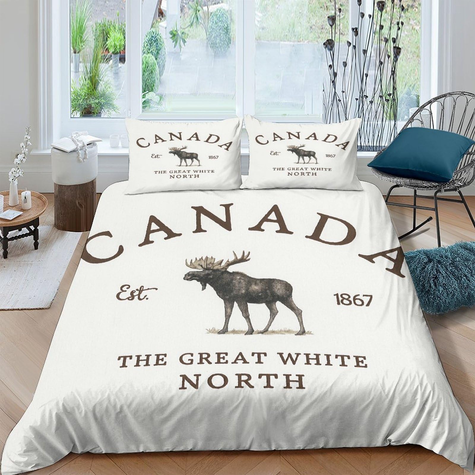 GPLZQXKJNH 3D Printed Canada Moose Duvet Cover Set Microfiber Soft Bedroom Decor Great White North Quilt Cover with 2 Pillowcases Single（135x200cm）
