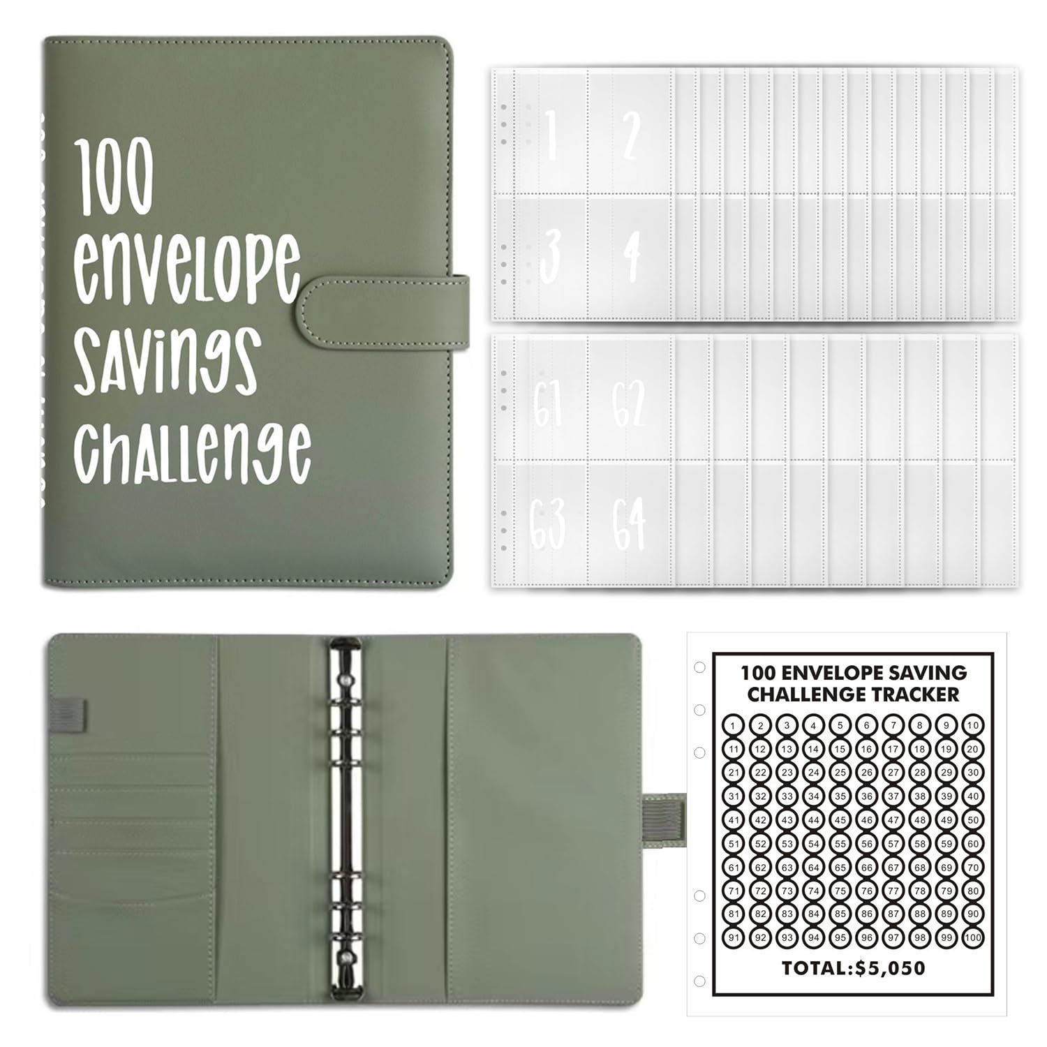 100 szt. opasek na wyzwania, segregator na wyzwania, Savings Challenges Binder, koperty Binder, organizer na książki z kopertami na gotówkę na 100 dni, dla par, biur, domu (kolor zielony)