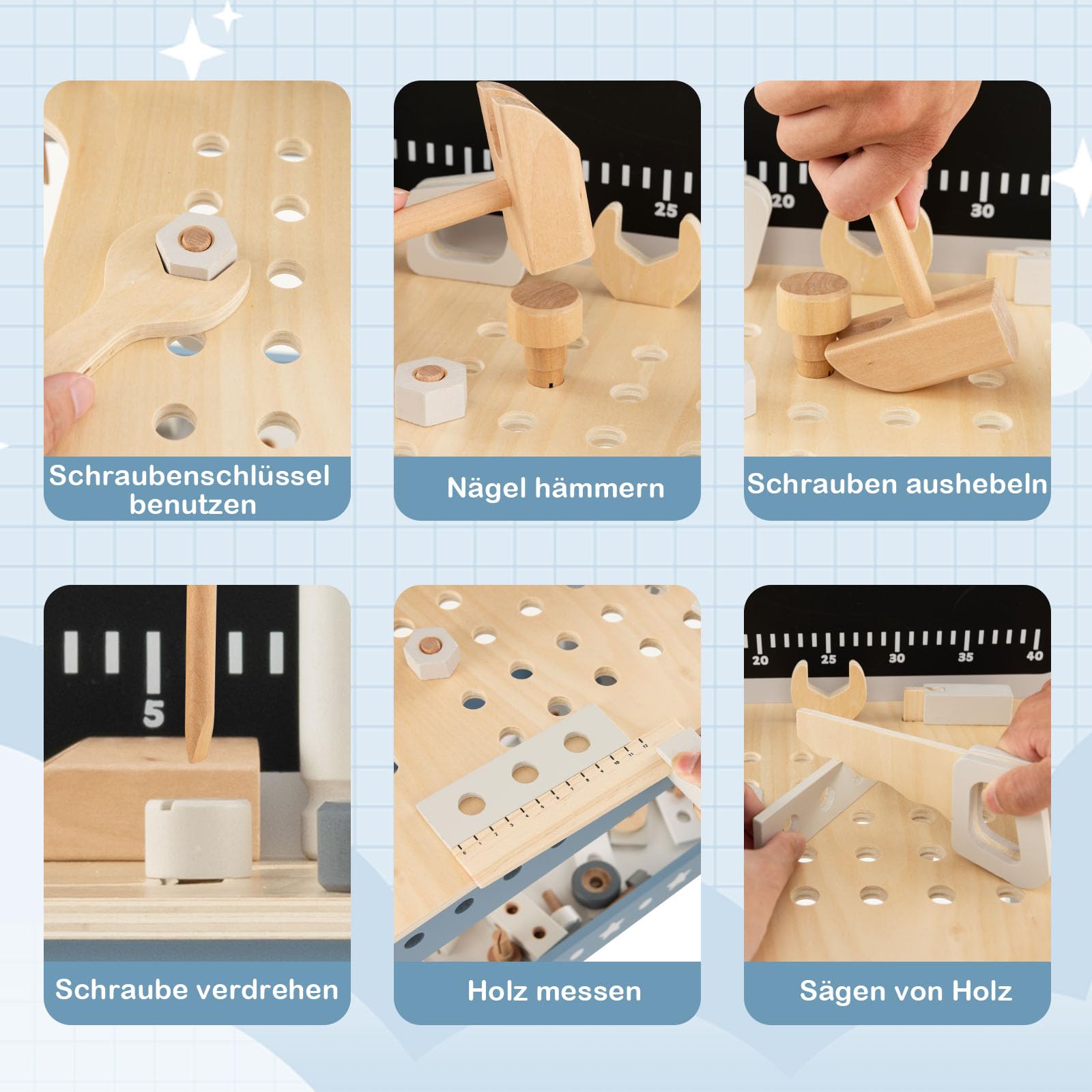 GOPLUS Kinder Werkzeugbank, Werkbank aus Holz mit Tafel, Uhr, Arbeitsplatte mit Steckplätzen & unterer Ablage, Kinderwerkbank mit 61 TLG. Zubehör für Jungen & Mädchen ab 3 Jahren