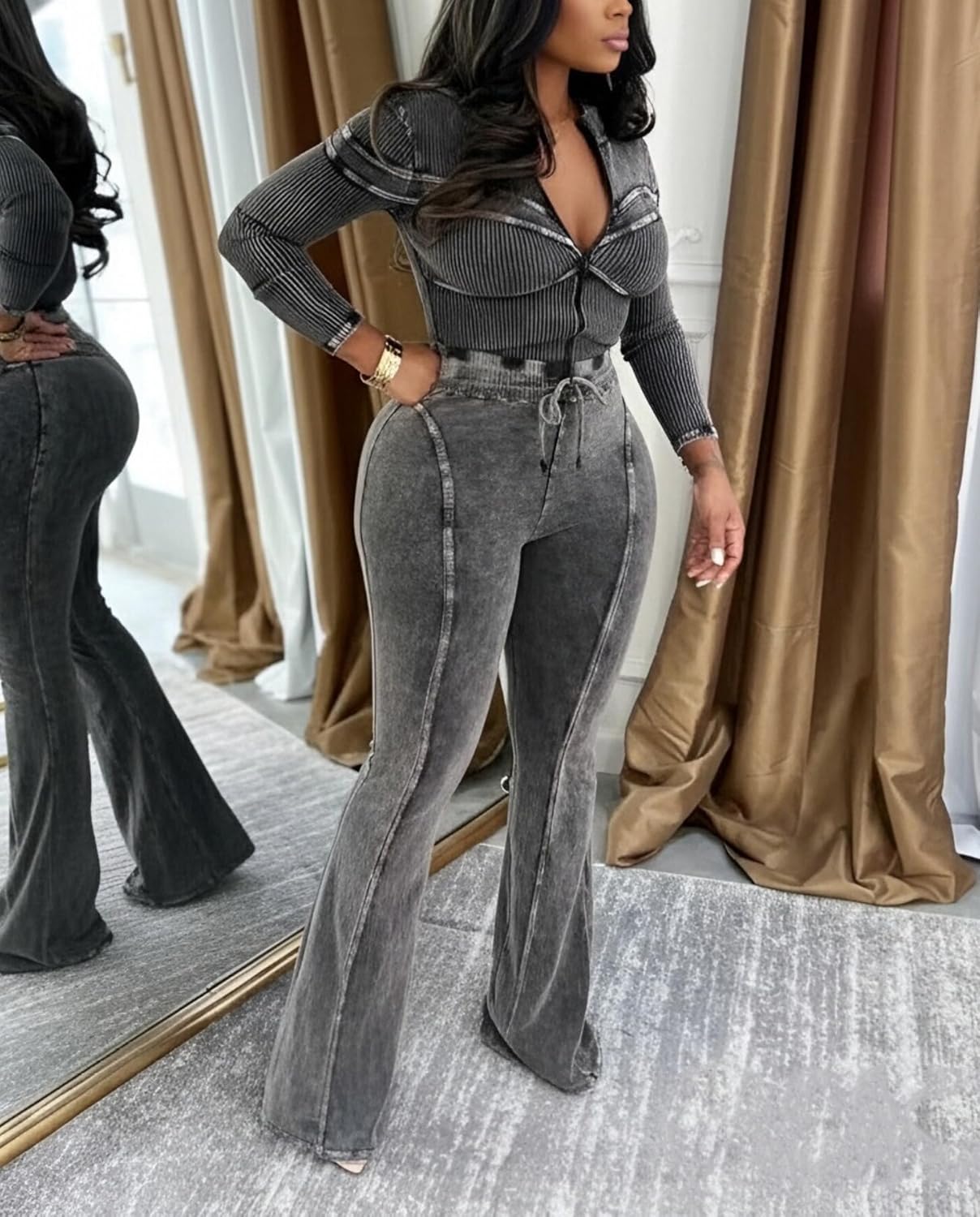 Voghtic Women 2 Piece Outfits Ribbed Bodycon Tracksuit Long Sleeve Zip Up Cropped Jacket Matching Leggings Flared Pants Sets - Image 2