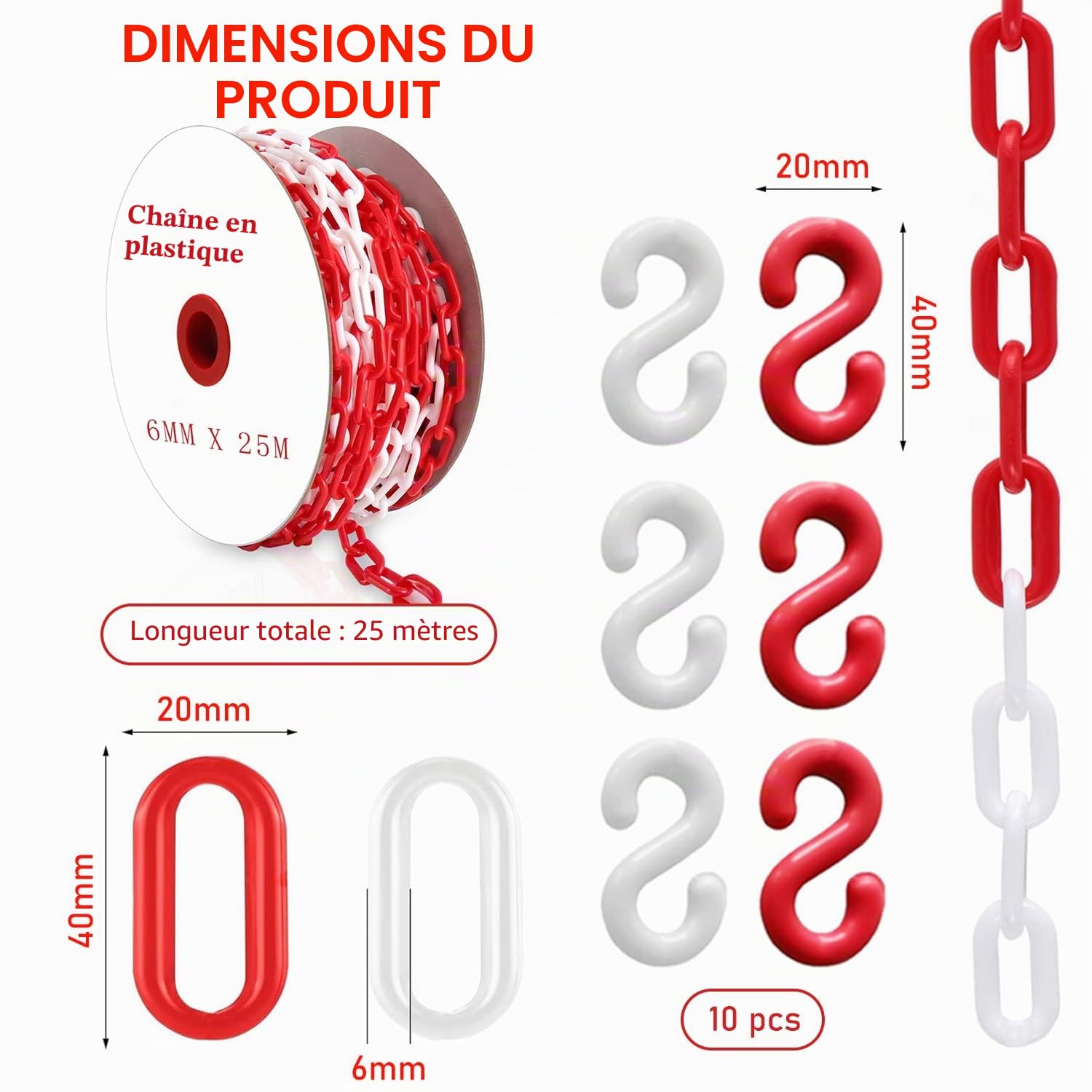 25m Barrière à Chaînes en Plastique Chaîne de Signalisation en Plastique Rouge et Blanc Avec 10 Mousquetons pour Avertissement Espace de Stationnement de Sécurité