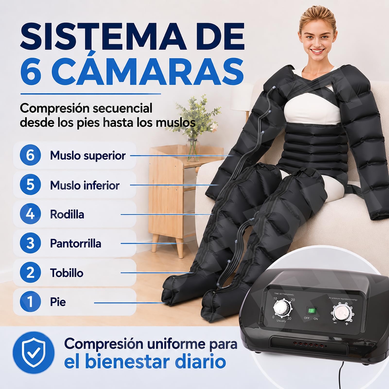 Presoterapia para Casa Abdomen y Piernas, Maquina Botas Aparato Presoterapia Profesional Pierna, 6 camaras Masajeador Circulación (Negro Piernas+Abdomen+Brazos, L+10CM Banda Ancha)