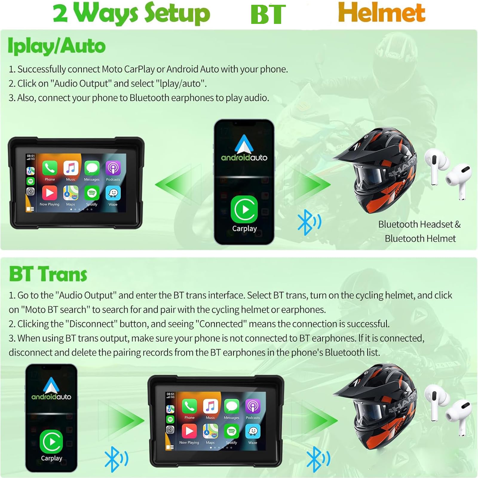 Euakee 5 Pollici Impermeabile Touch Screen Moto Car-play & Android Auto Navigatione GPS Wireless 1000 Nit