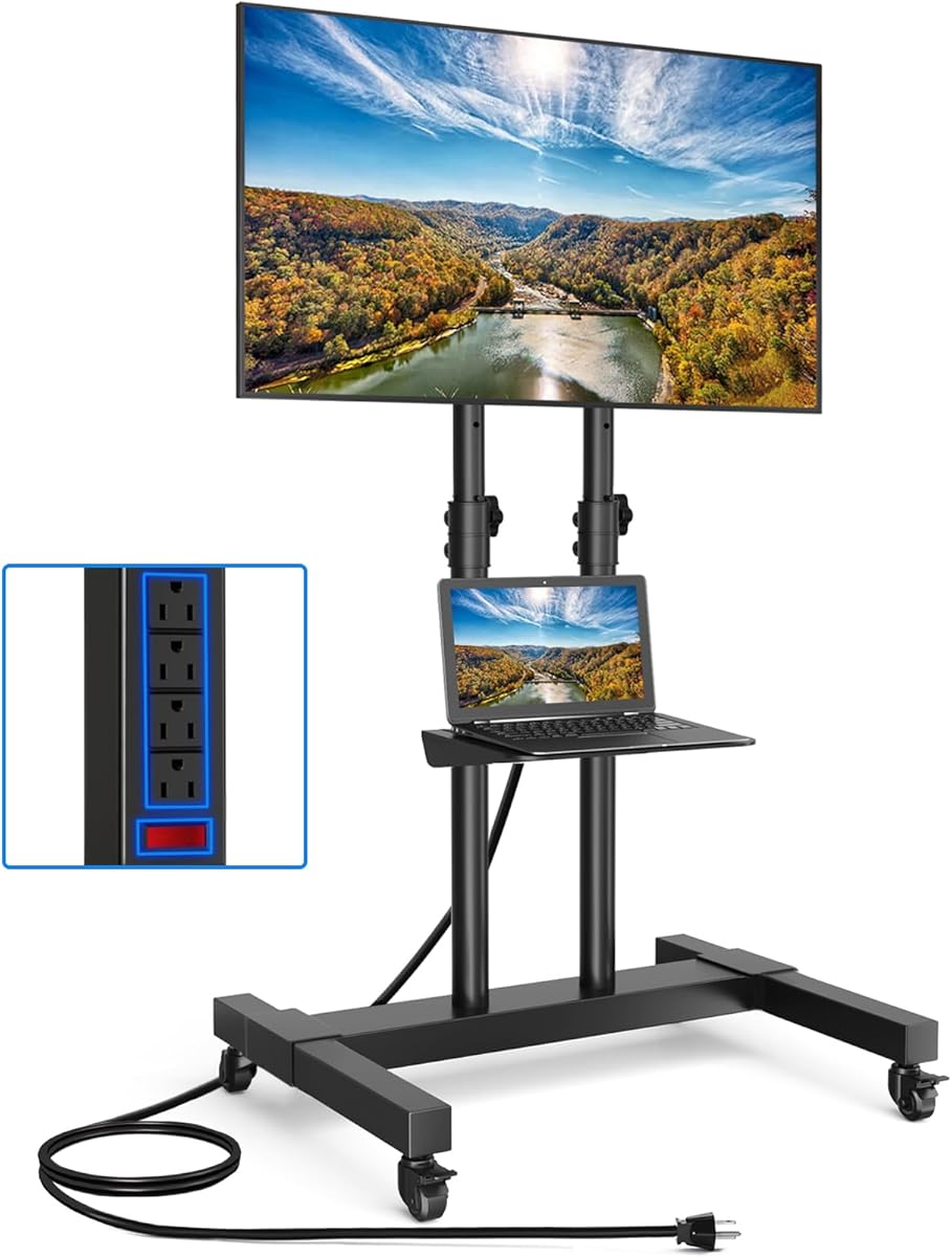 Rfiver Upgraded Rolling TV Stand with Power Outlet for 32-83 Inch TVs, Heavy Duty Mobile TV Cart on Wheel up to 110 lbs, Height Adjustable Portable TV Stand for Bedroom, Living Room/ IC314-A2