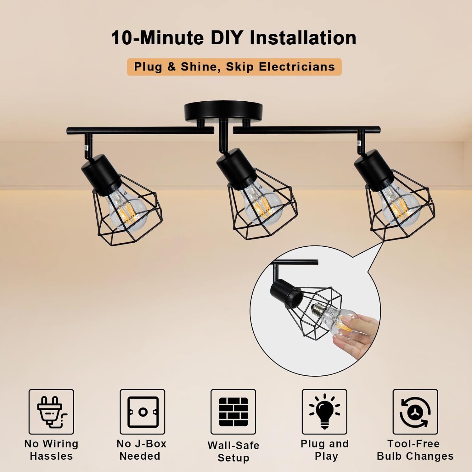 HiBay Track Lighting Plug in, 3-Light Directional Ceiling Light Fixture Black, Farmhouse Plug-in Track Light E26 Wall Spotlight with 16.4ft Cord & in-Line On/Off Switch for Kitchen Dining Room