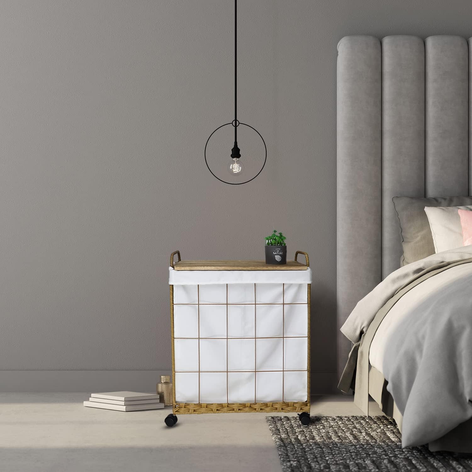 Buy Crehomfy Laundry Hamper with Wood Lid and Wheels, 2 Section Divided