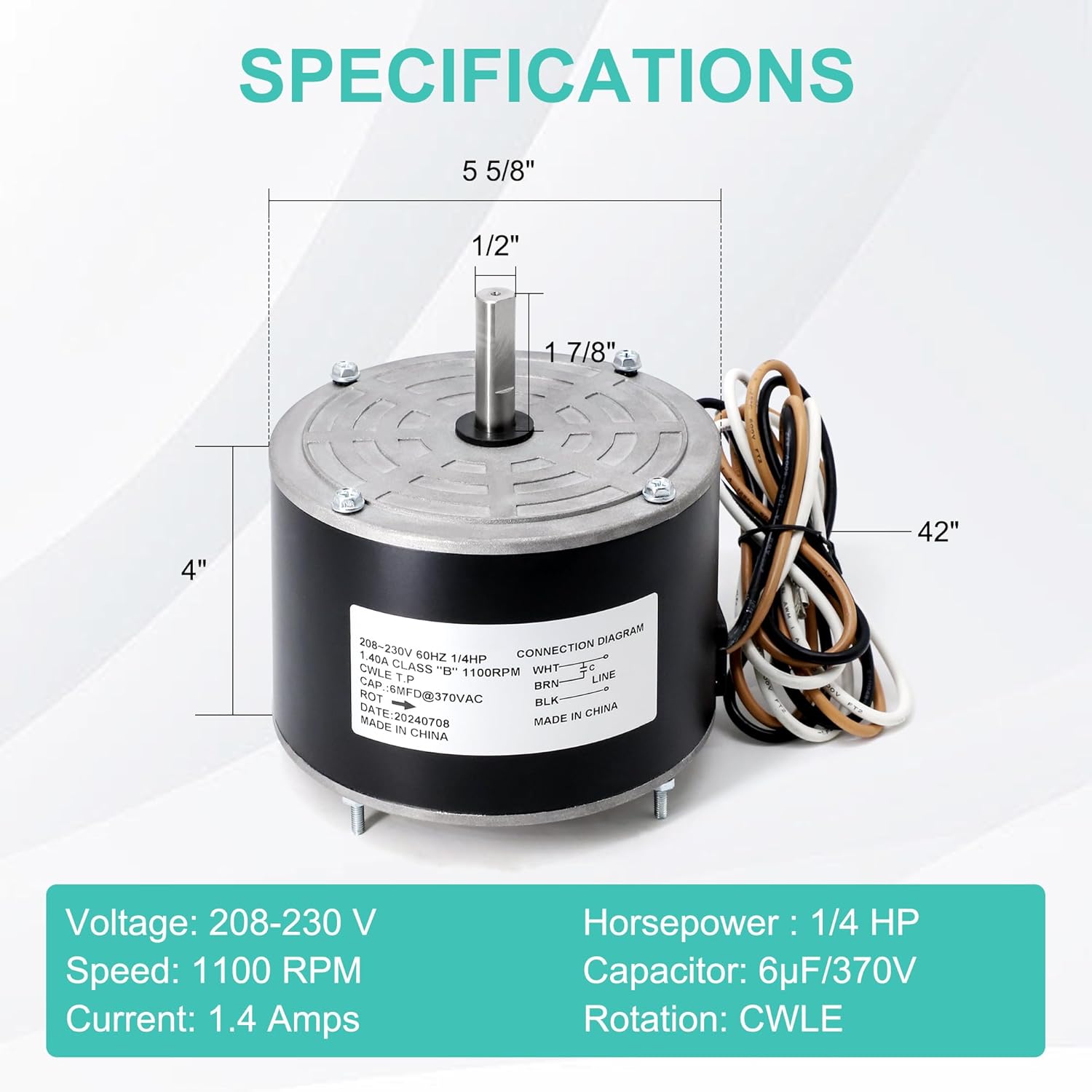 Condenser Fan Motor for Carrier 5KCP39EGS070S, 5KCP39EGY823S, Genteq GE3905, Bryant Payne HC39GE236, HC39GE237, Dayton 6DLL0, 1/4HP 1100 RPM Condenser Motor Replacement with Capacitor