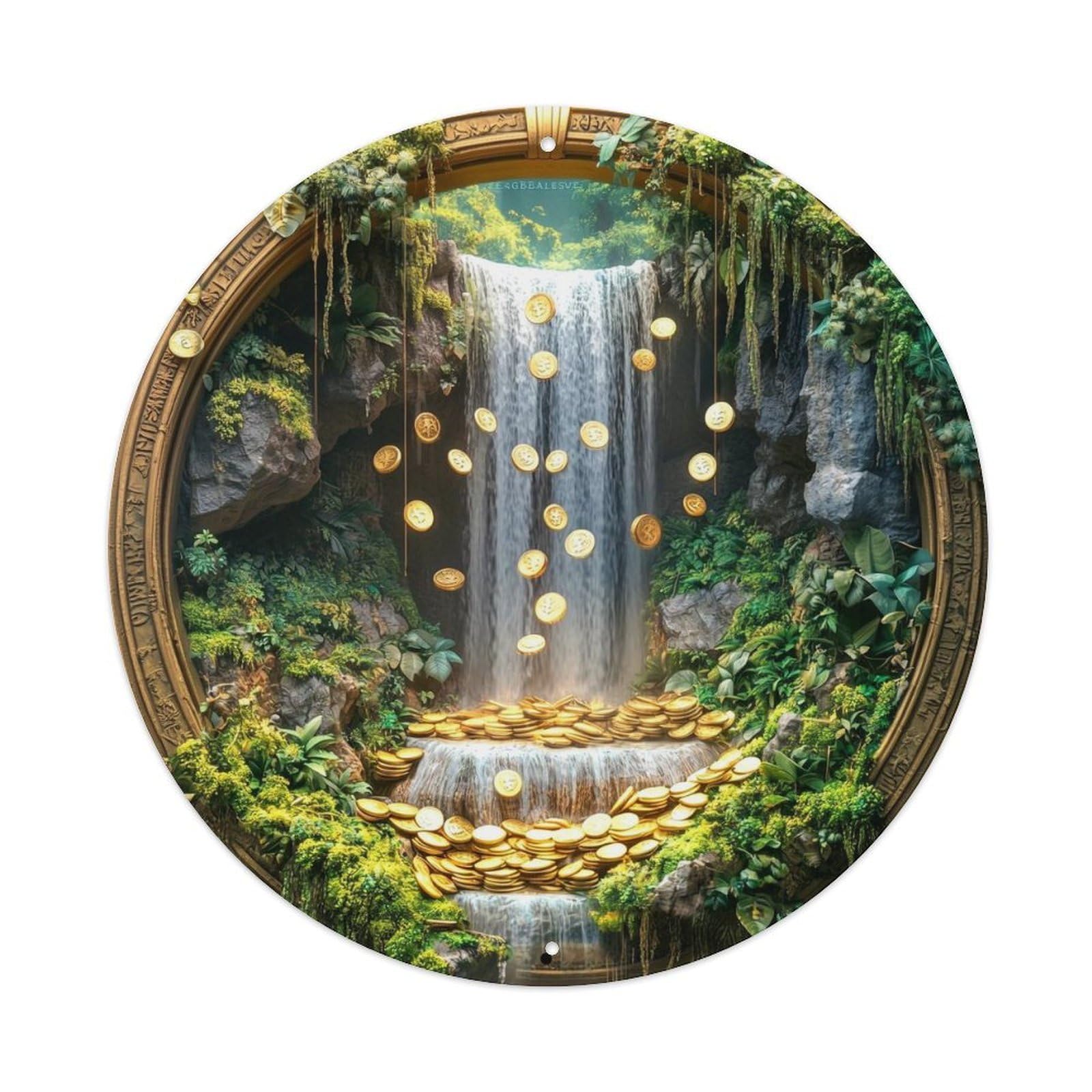 Golden Coins Waterfall Forest Mirror Round Tin Sign Vintage Metal Sign Home Bar Garden Indoor & Outdoor Wall Decor Retro Metal Poster 8x8 Inch