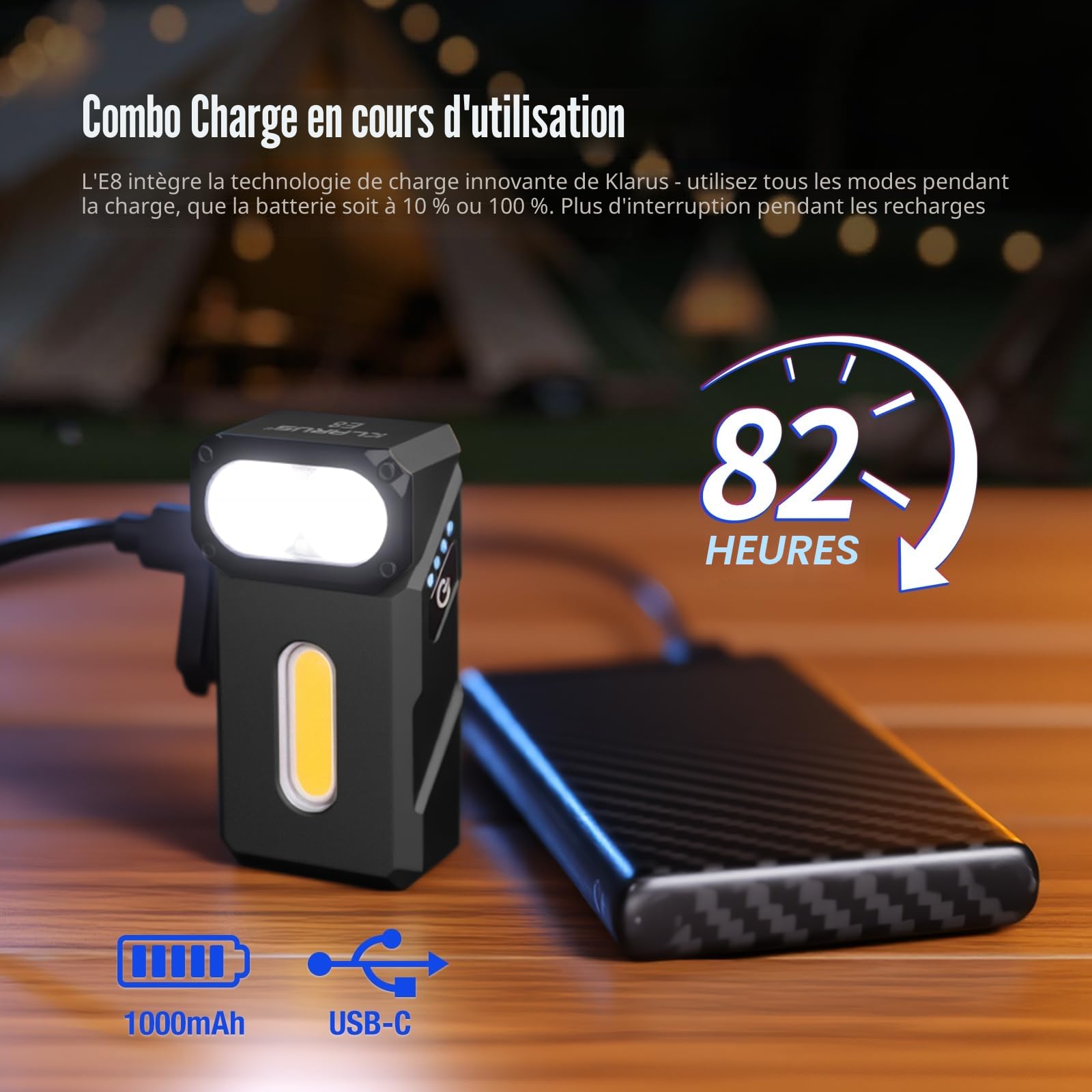 KLARUS E8 EDC Lampe de poche rechargeable,système triple lumière 1 000 lumens, tête pivotante à 180 °, design compact tout en métal avec aimant et clip de poche, lampe de travail étanche IPX6