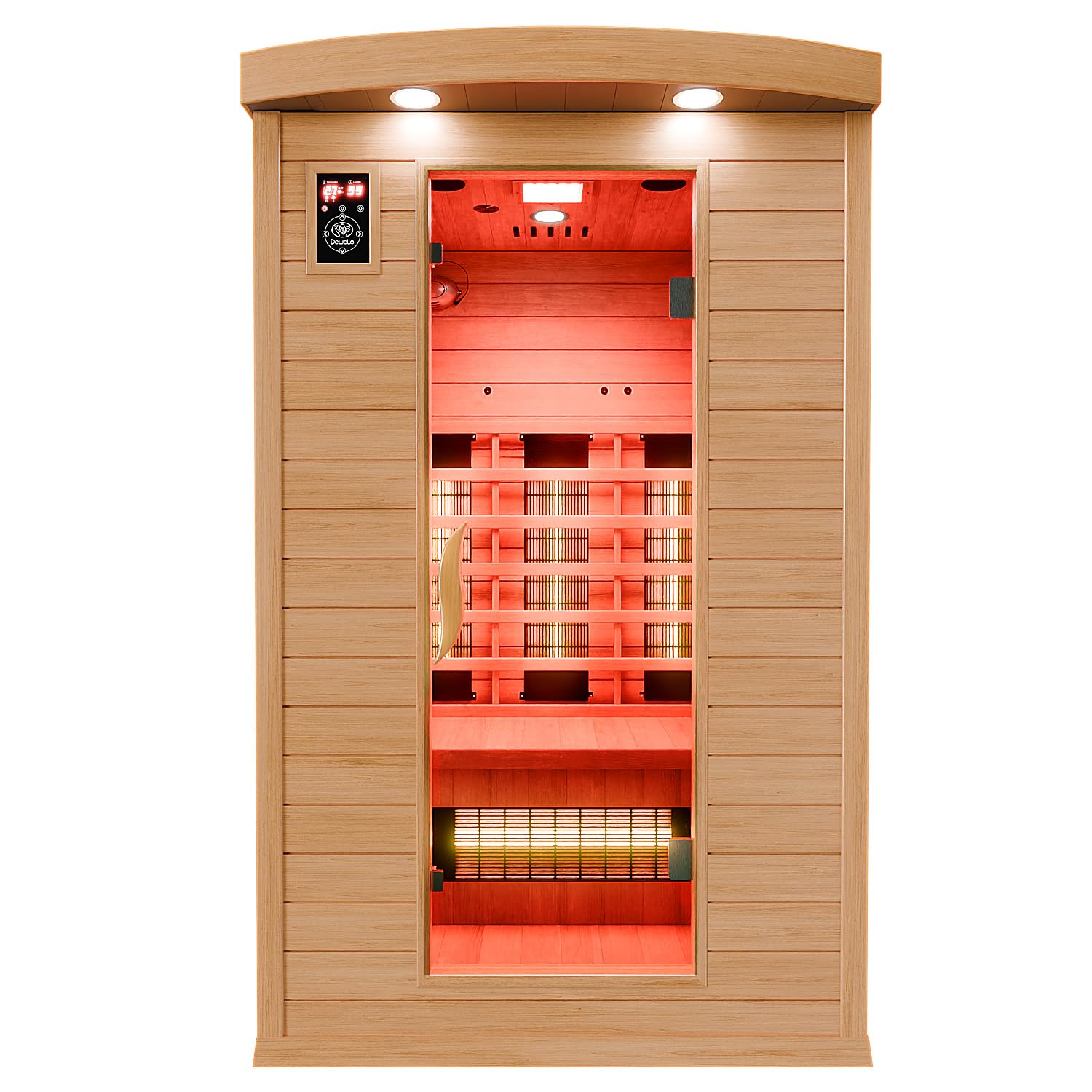 Dewello® Infrarotkabine Infrarotsauna Hyder 115x105 für 1-2 Personen aus Hemlock Holz mit Vollspektrumstrahler, LED-Farblicht, Bluetooth, FM,MP3,USB