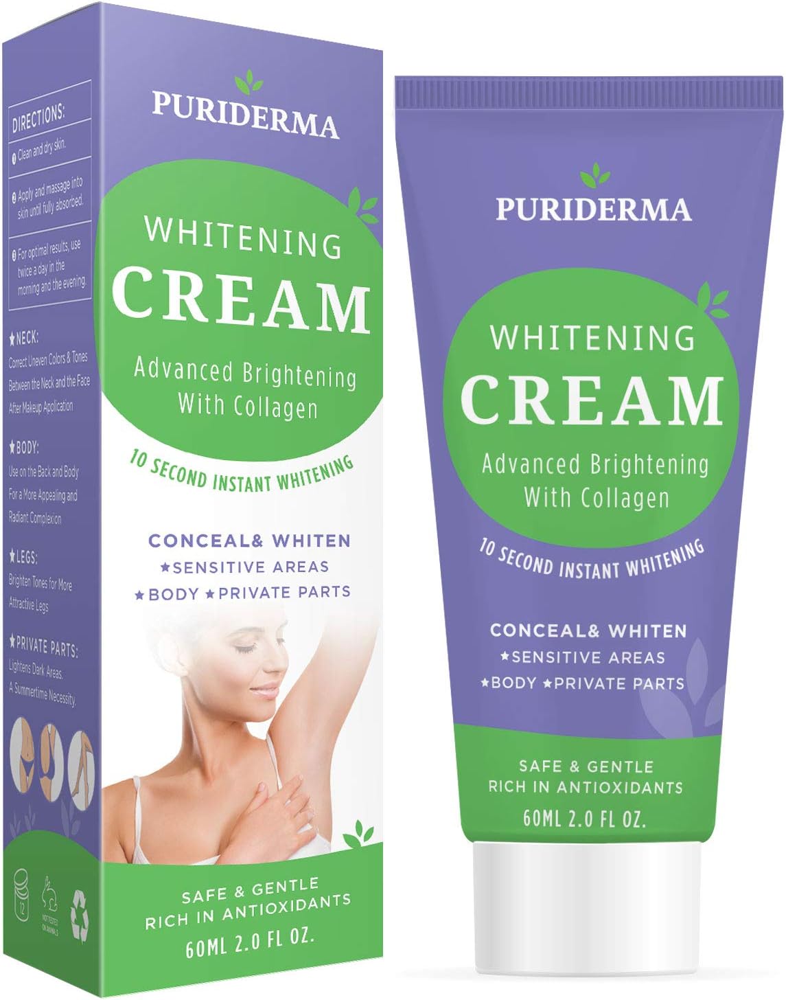 Puriderma 10 Seconds Whitening Cream, Advanced Brightening With Collagen, Whitens and Lightens Discolored and Damaged Skin - for Underarm, Legs, Knees, Bikini Line