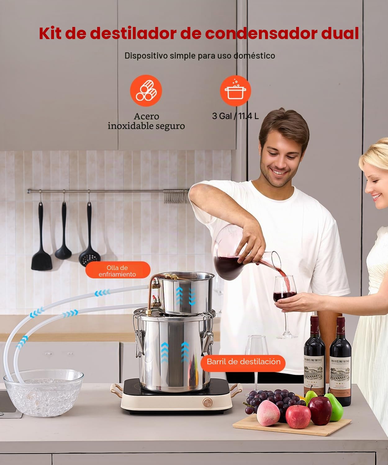 VEVOR Destilador de Alcohol Acero Inoxidable 11,4 L Bobina de Cobre Kit Fermentación Cerveza Casera