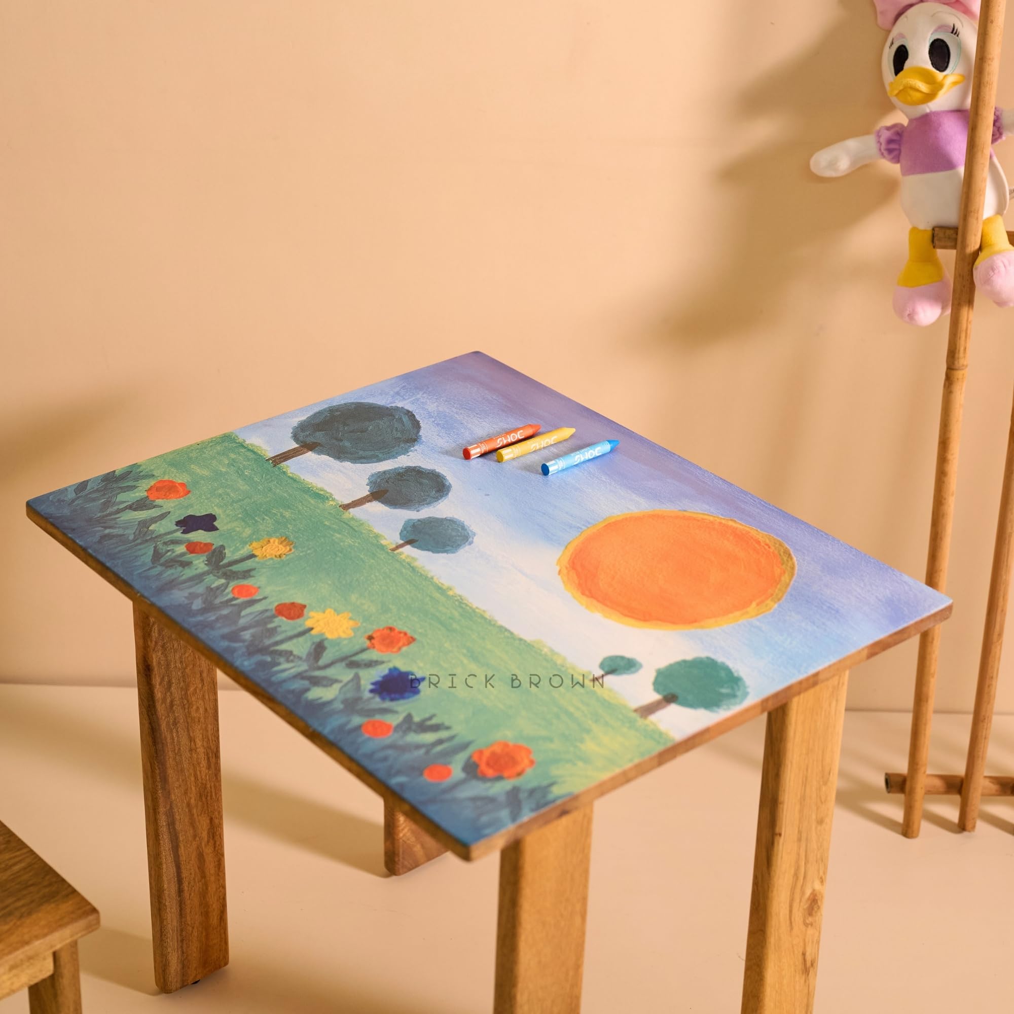 Brick Brown® Dreamland Kids Wooden Study Table & Chair Set | Handcrafted Solid Mango Wood Children Study Desk & Chair Furniture | Sunset Design | Table (24 x 20.1 x 21.3 in), Chair (12 x 12 x 22 in) 2