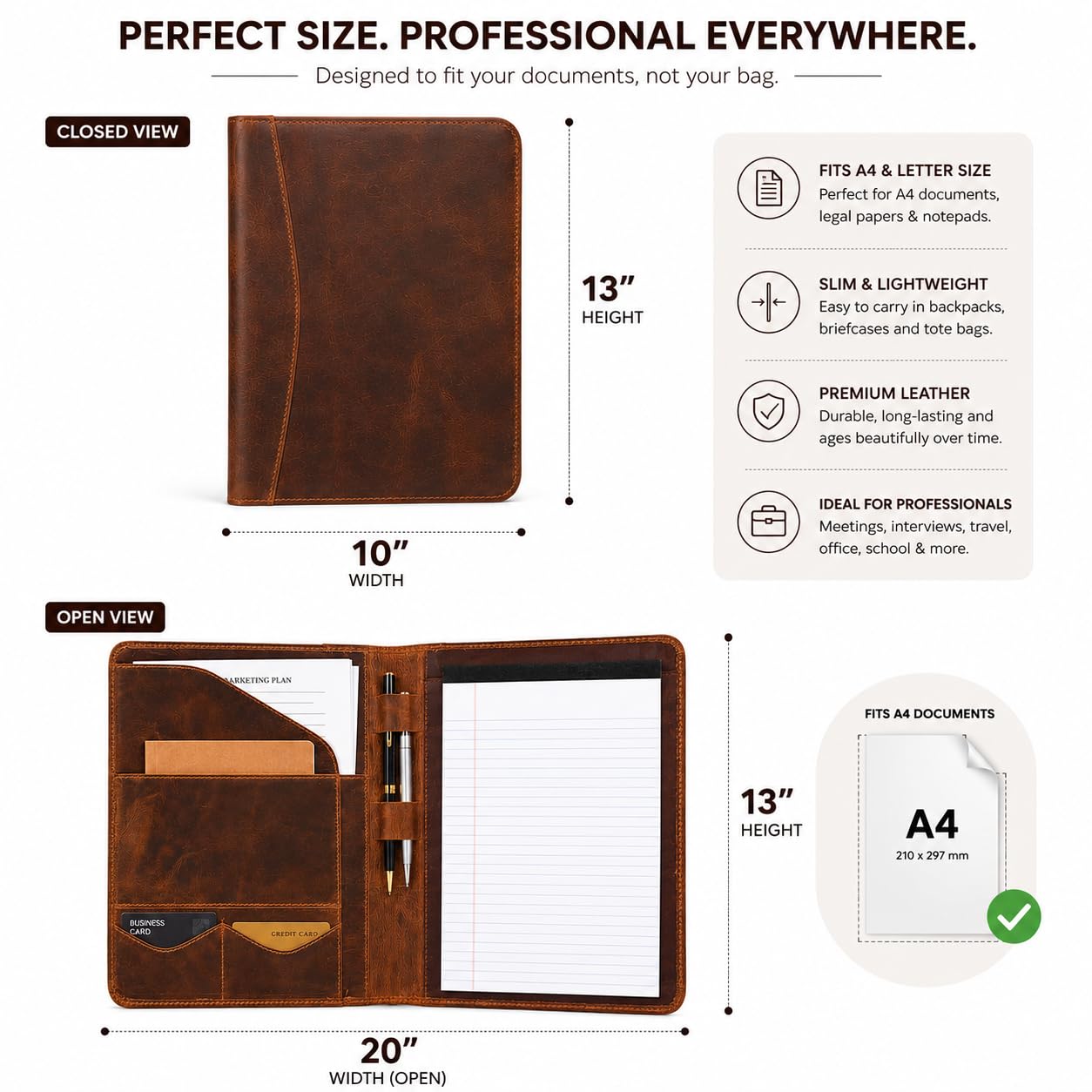 Portefeuille d'affaires en cuir – Porte-documents en cuir A4 pour homme et femme | Porte-documents professionnel avec porte-cartes de visite, bloc-notes et fente pour stylo – Idéal pour les réunions