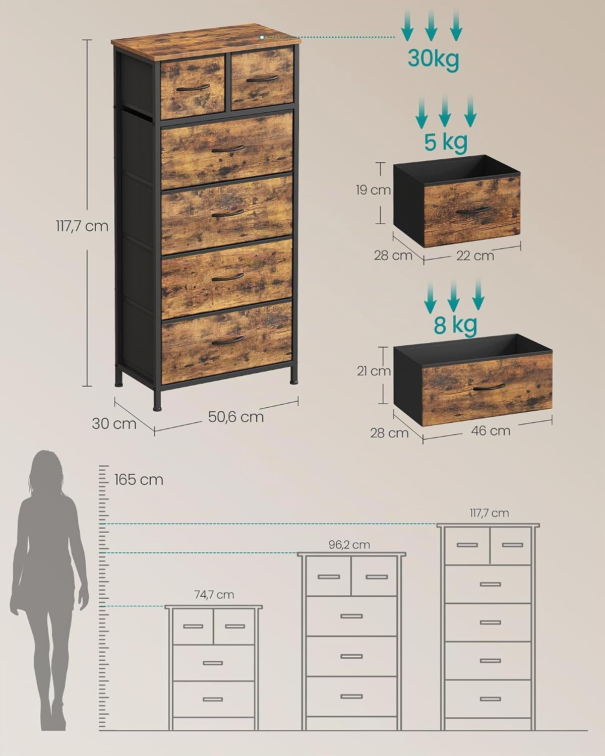 SONGMICS Commode Chambre, Meuble de Rangement, Couloir, Entrée, Salon, Cadre en Acier, 6 T - Analyse des détails et conception