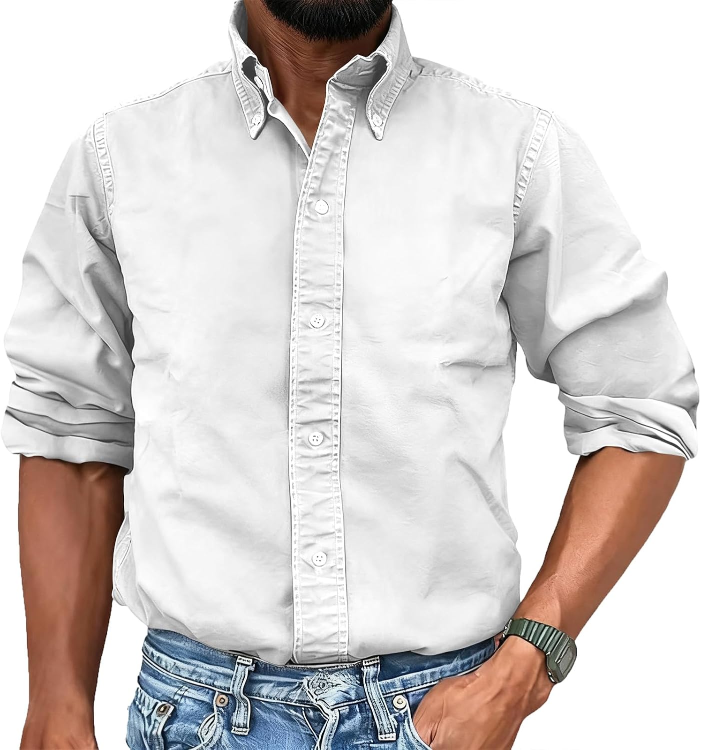 Ymosrh Men's Casual Distressed Dress Shirt Long Sleeve Button Down Business Formal Work Shirts