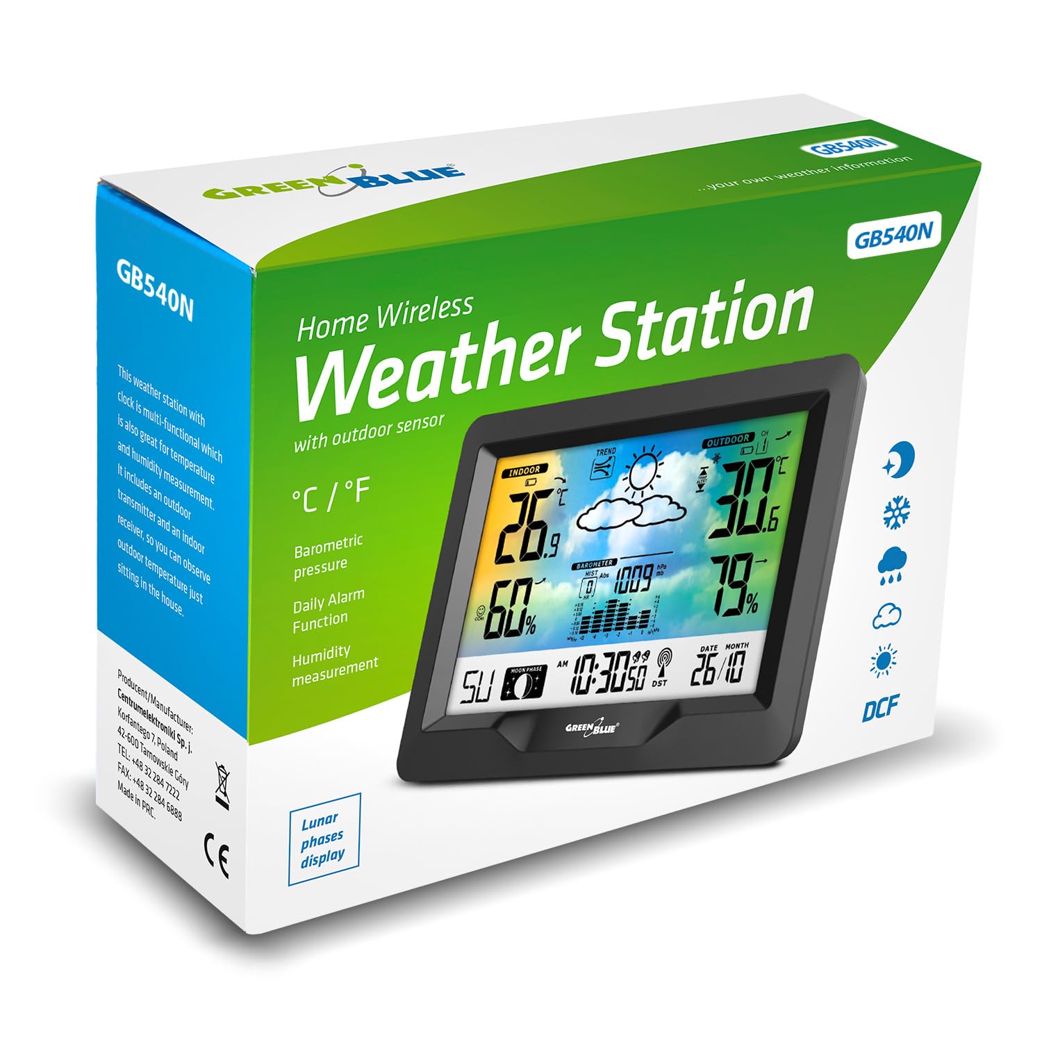 Green Blue GB540 Stazione meteo con display a colori, orologio radiocontrollato DCF, temperatura interna ed esterna, previsioni meteo, fasi lunari, sensore esterno (Stazione meteo + alimentatore 5V)