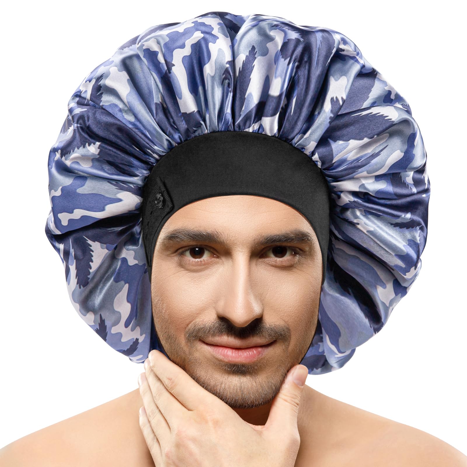 Winsteck Men's Tropical Camo Silk Bonnets For Satin Bonnet For Sleeping, Adjustable Hem & Double Layer, Large Sleep Bonnet For Curly Hair Braids Stay On All Night (Tropicalcamo)
