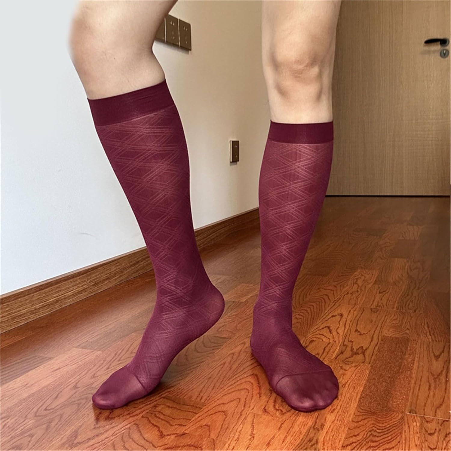 Thin Sheer Nylon Dress Socks Elegant Argyle Pattern Middle Calf Socks for Business Suit and Formal Party Breathable