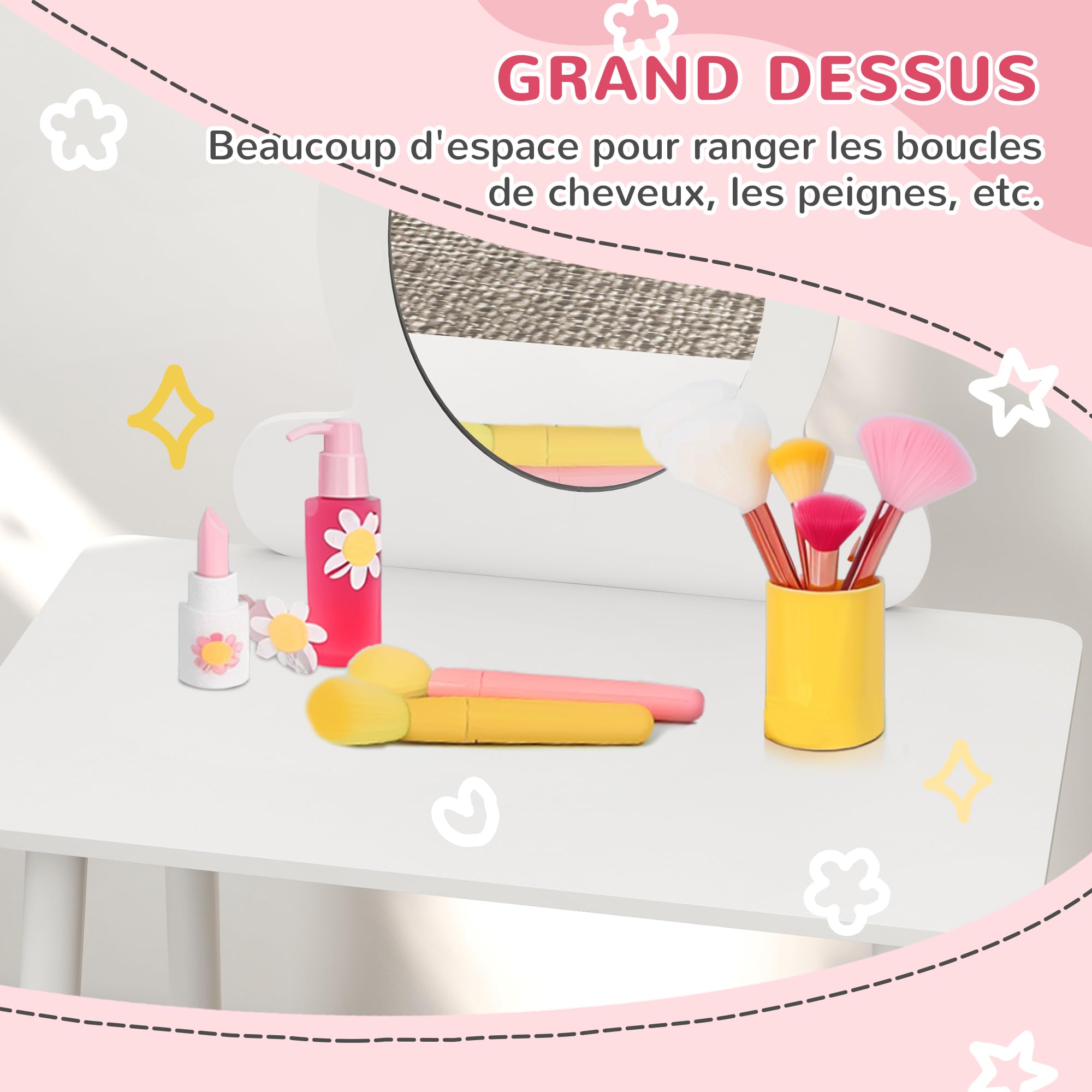 AIYAPLAY Ensemble Coiffeuse pour Enfants avec Tabouret, Coiffeuse 2 pièces pour Enfants de 3 à 6 Ans - Blanc