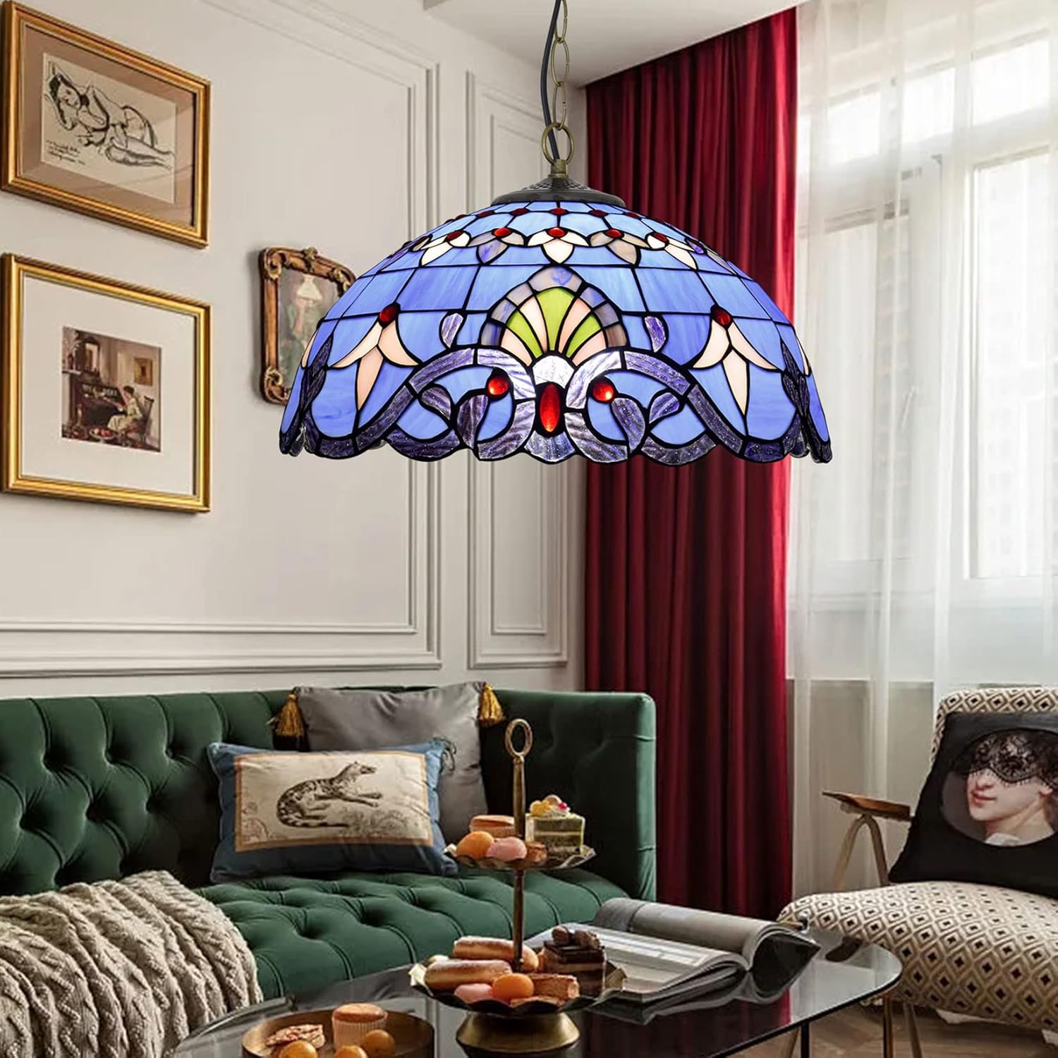 16 Inch Baroque Lamp Shade Replacement Only Tiffany Style Stained Glass Lampshade Retro Pastoral Lamp Cover Accessories Fit for Table Lamp Pendant Light Ceiling Light Floor Lights,Blue