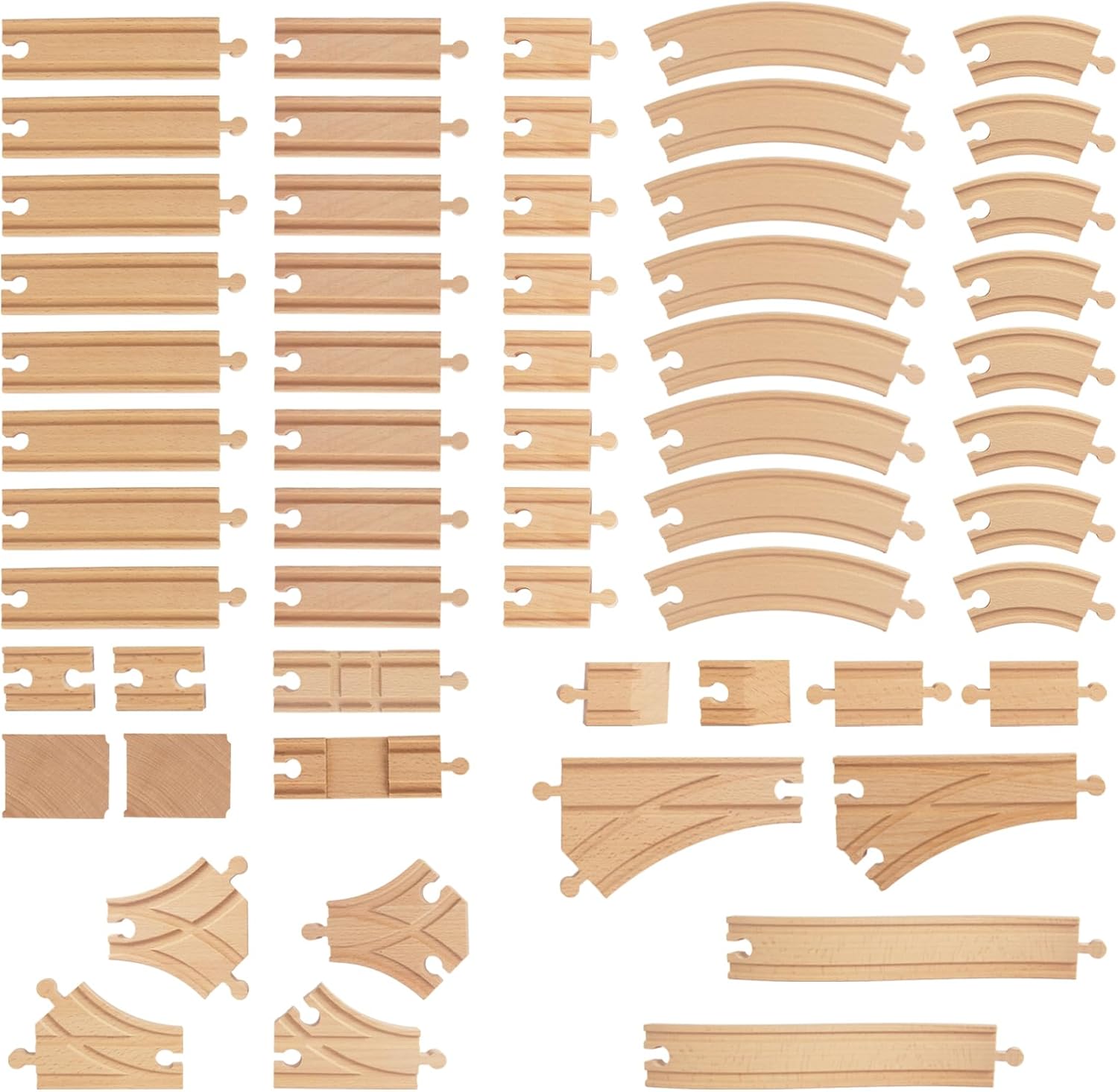 Wooden Train Tracks 58 Piece Set - 9 Distinct Pieces