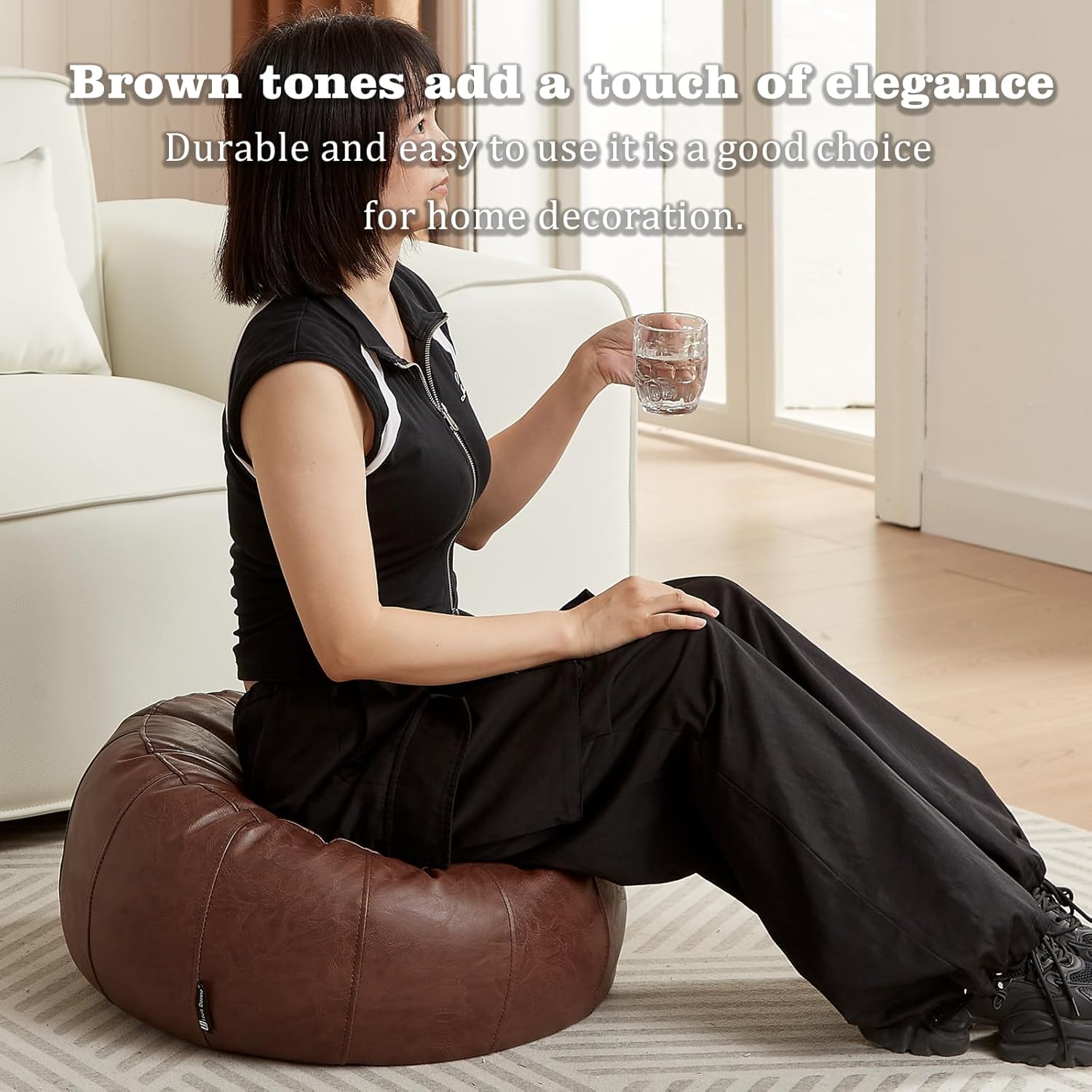 Louis Donné Unstuffed Pouf Stool Cover, Moroccan Vintage Faux Leather Ottoman Footrest Cover, Waterproof Storage Cover for Clothes Organizing, Reading Camping Travel, Brown, Only Cover No Filler