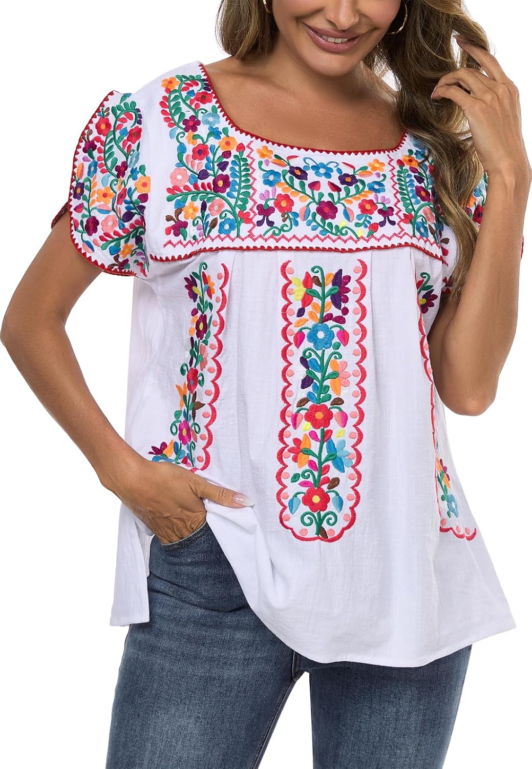 Mexican Shirts for Women Embroidered Tops Traditional Peasant Summer Tunic Blouse - Image 4