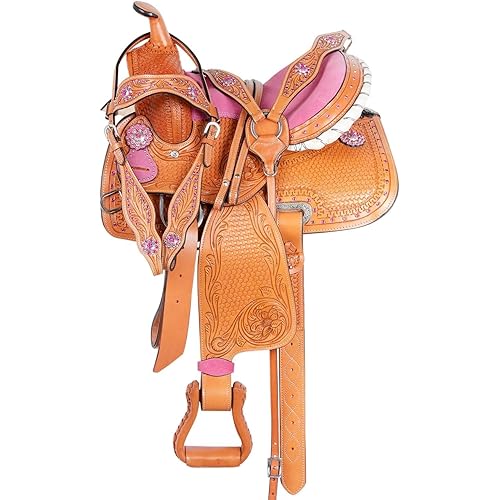 Western Leather Horse Saddle –Premium Tooled Leather Crystal Studded Barrel Racing Rodeo Trail Riding Equestrian Tack – Sizes 10" to 18"