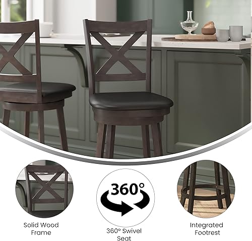 Miniatura 5 de Merrick Lane Sora - Taburete de pub giratorio clásico de madera de nogal lavado gris de 24 pulgadas con asiento acolchado de piel sintética negra y