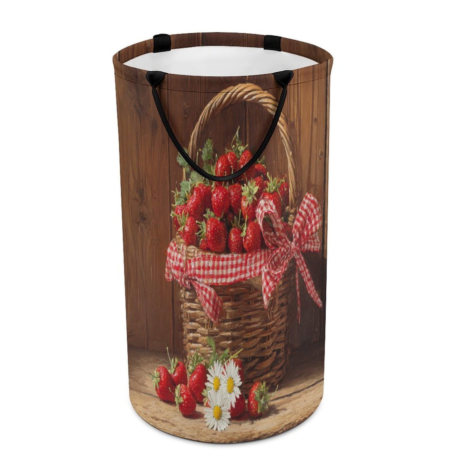 LUYYSKY Vintage Classic Fruit Strawberry Versatile Storage Laundry Basket, Rustic Watercolor Wooden Board Daisies Flowers Strawberry Large Capacity Bathroom Hamper With Handle
