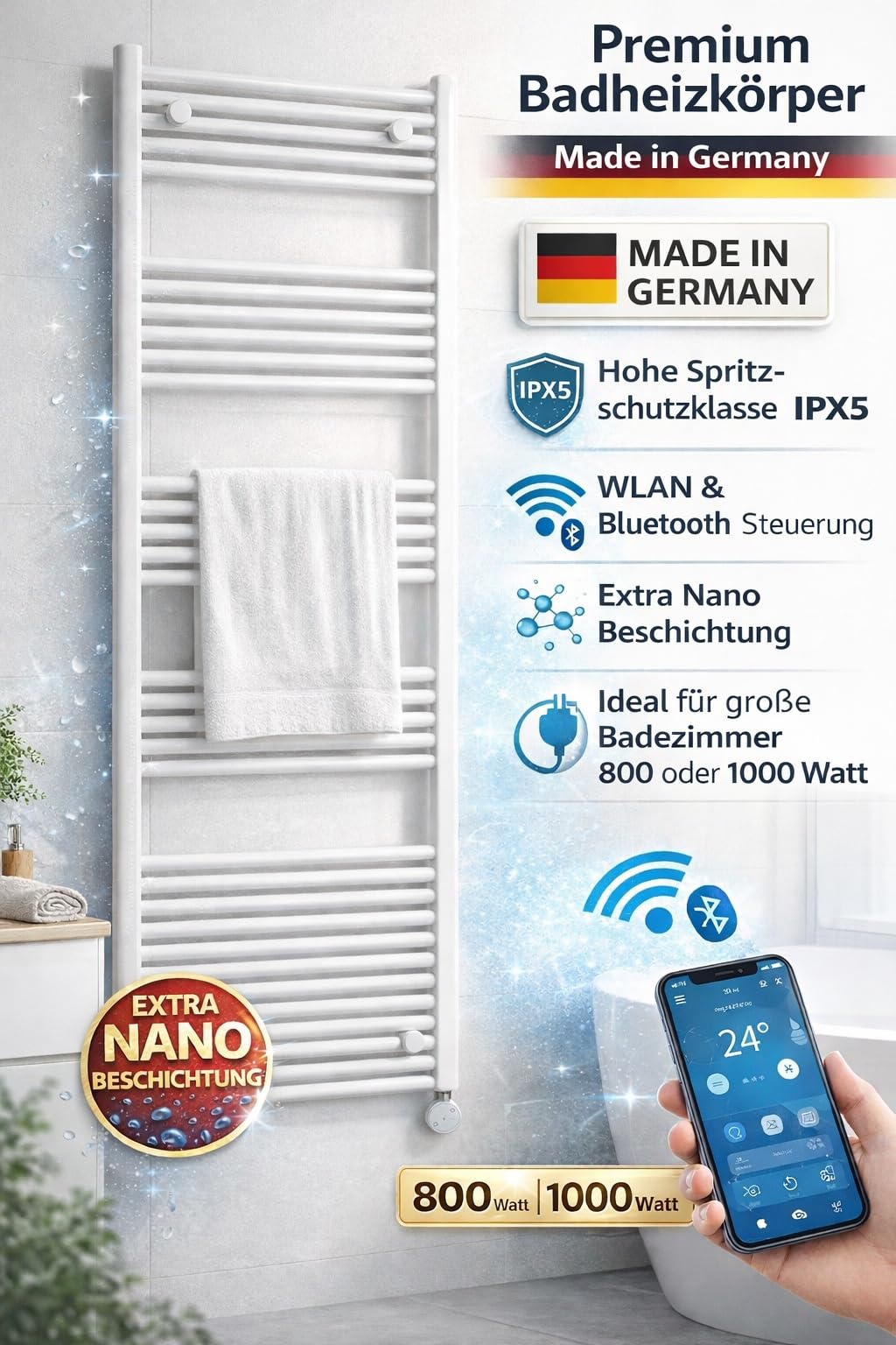 anapont WiFi und Bluetooth elektrischer Badheizkörper 1775x600 - weiß gerade - Handtuchheizkörper - Badheizung elektrisch - Handtuchheizung - Made in Germany | Handtuchheizkörper, Badheizung elektrisch, Handtuchheizung, Made in Germany