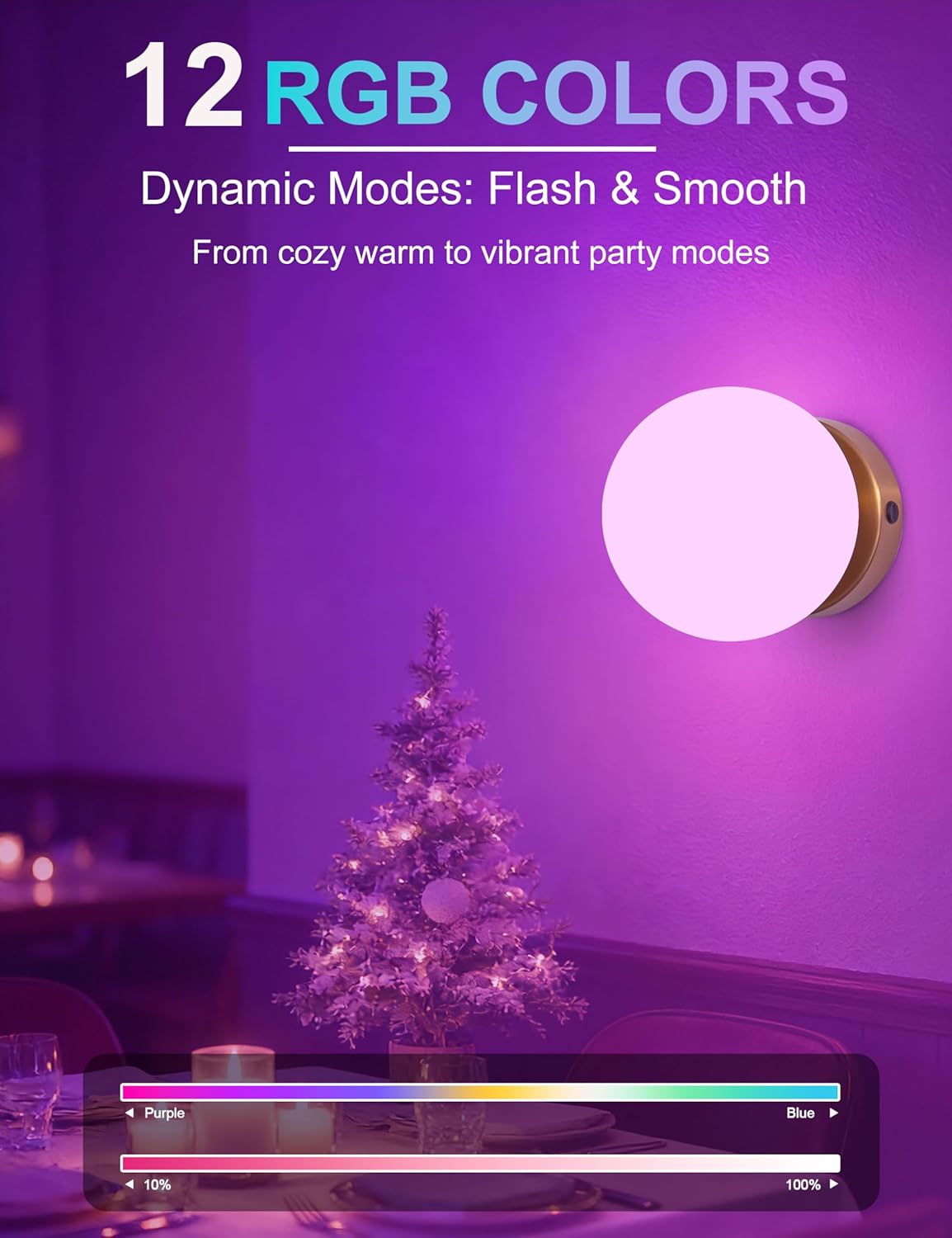 Battery Operated Rechargeable Wall Sconce Single, Brushed Gold Opal Glass Globe Wall Lamp, Wireless Touch & Remote Control, Dimmable 3 CCT + 12 RGB Colors for Bedroom Living Room Hallway