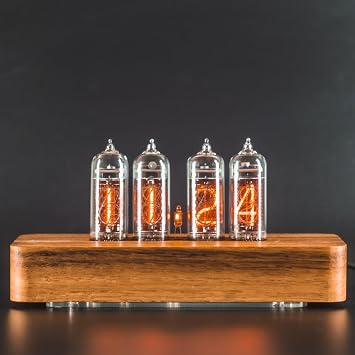 Authentic Nixie Tube Clock with Replaceable IN-14 Nixie Tubes, Motion Temperature Humidity Sensors, Dual RGB Backlight, Alarm Clock, One Spare Nixie Tube Included, Visual Effects Ash Rounded