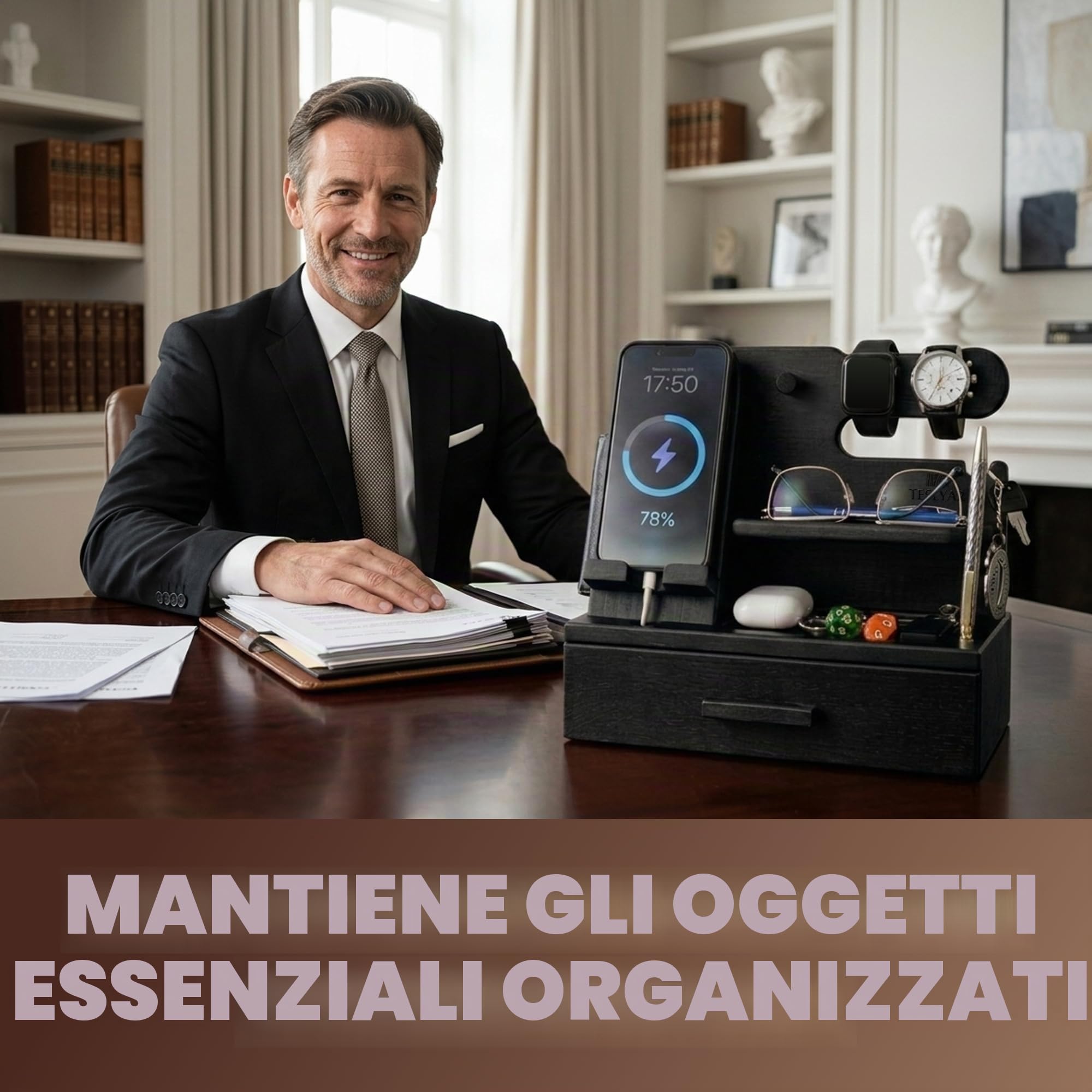 TESLYAR Docking station per telefono in legno con cassetto, organizer da comodino, organizzatore da scrivania per marito, regalo di compleanno per uomini, papà, idea di compleanno, portachiavi