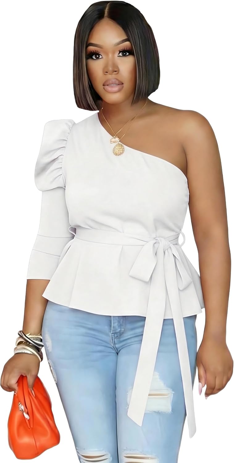 Ekaliy Women Sexy One Shoulder Sleeveless Bodycon High Low Asymmetrical Ruffle Tunics Blouse Shirt Top Dress
