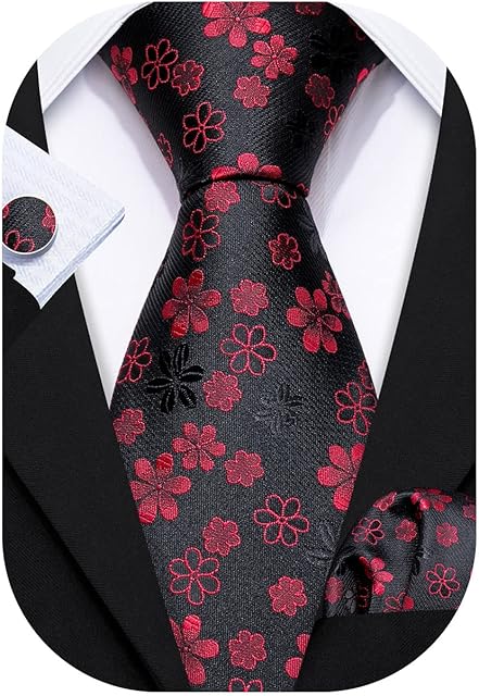 Barry.Wang Flower Ties for Men Silk Necktie Set with Handkerchief Cufflink Wedding Business