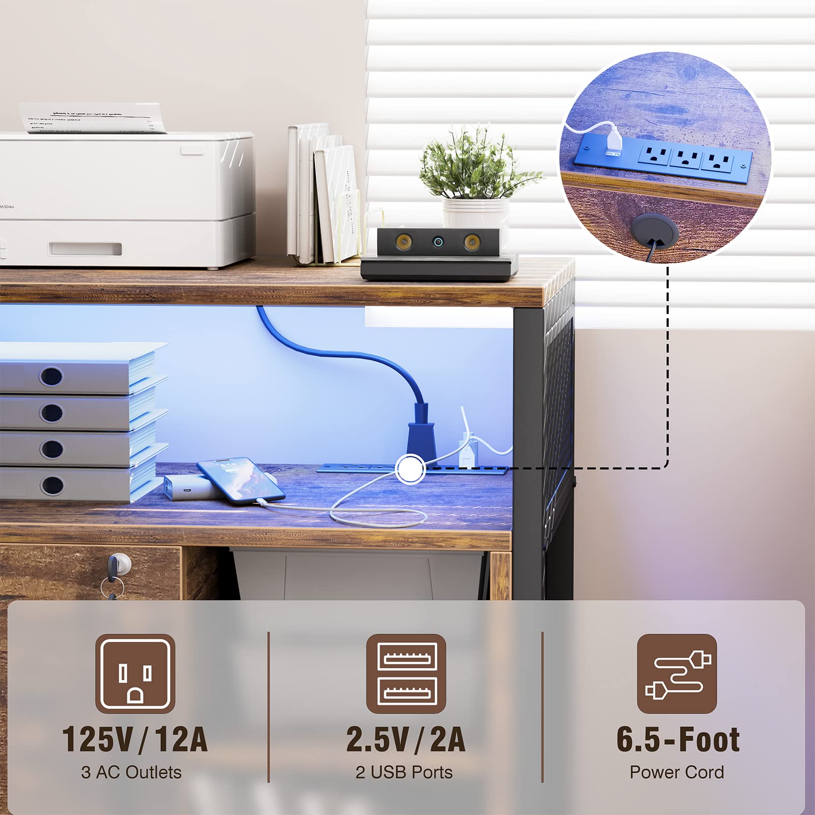 Unikito File Cabinet with LED Lights and Power Outlets, Rolling Printer Stand with Storage and USB Charging Ports, Lateral Office Filing Cabinet for Letter, A4, Legal and File Folders, Rustic Brown