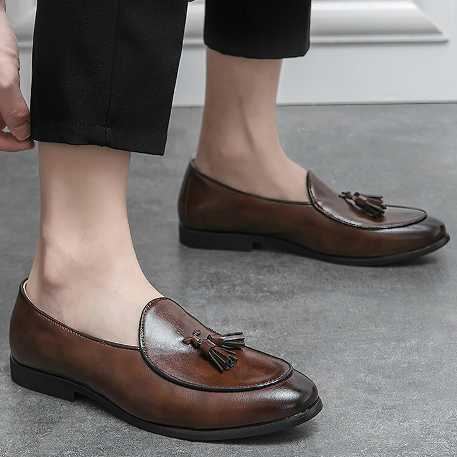 ANUFER Hombre Caña Baja Mocasines Planos con Borlas Clásico Slip-on Formal Zapatos de Vestir