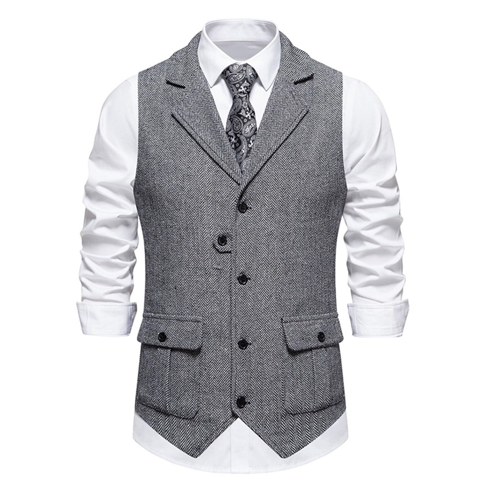 Gilet da uomo in tweed a spina di pesce, slim fit, con colletto con risvolto, chiusura a bottoni e sartoria classica, elegante gilet formale da uomo e gilet da sposa da uomo