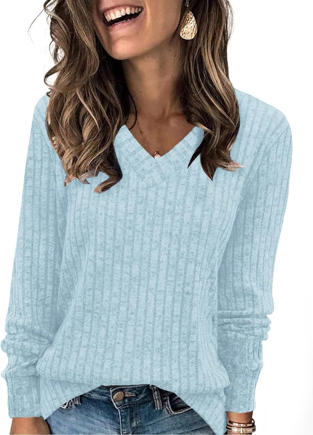 Women Knit Sweater Shirts V Neck Button Up Sweaters Jumpers Trendy Tunic Long Sleeve Pullover Tops Comfy Fall Clothes 2-sky Blue XX-Large - Image 1 of 5