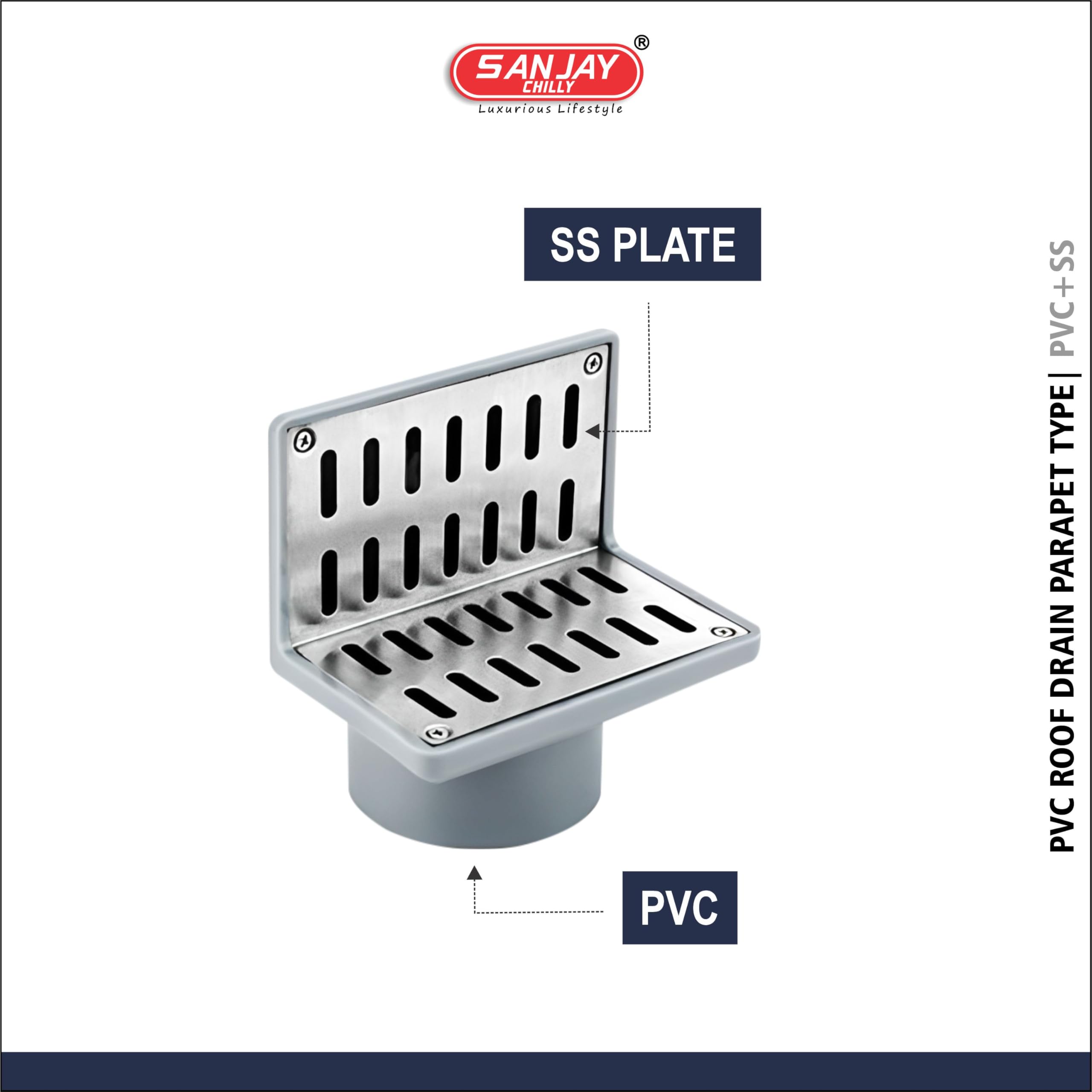 Sanjay Chilly ROOF Drainer Balcony Terrace Bathroom Side Wall Corner Parapet Scupper L Shape Drain in ABS + Stainless Steel 304 Bathroom GRATINGS with Horizontal/Vertical (3 INCH) 2