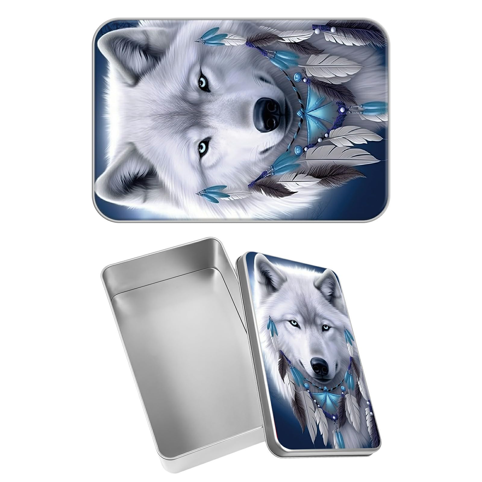 Rectangular Metal Tin Box with Removable Lid, Wolf Dreamcatcher Decorative Printed Metal Storage Container for Sweets Jewelry Tea Candies Cakes 7 x 4.33 x 2.17 inch– Single Pack