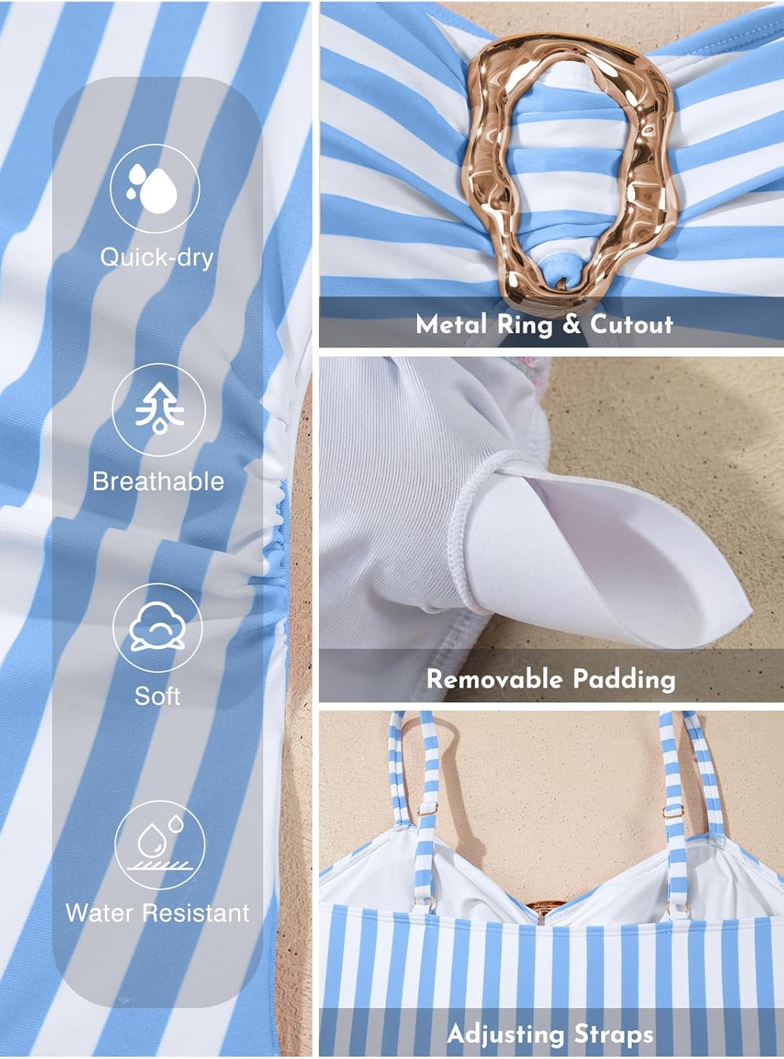 Aleumdr Womens Striped One Piece Swimsuit Tummy Control Bathing Suit with Metal Ring Cutout Swimwear