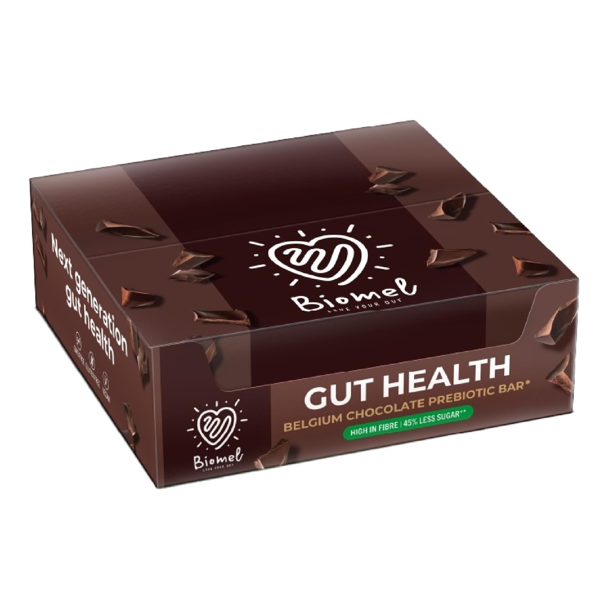 Biomel Prebiotic Gut Health Bars - Natural Ingredients - High Fibre - 45% Less Sugar - 12 Bars (Belgian Chocolate)