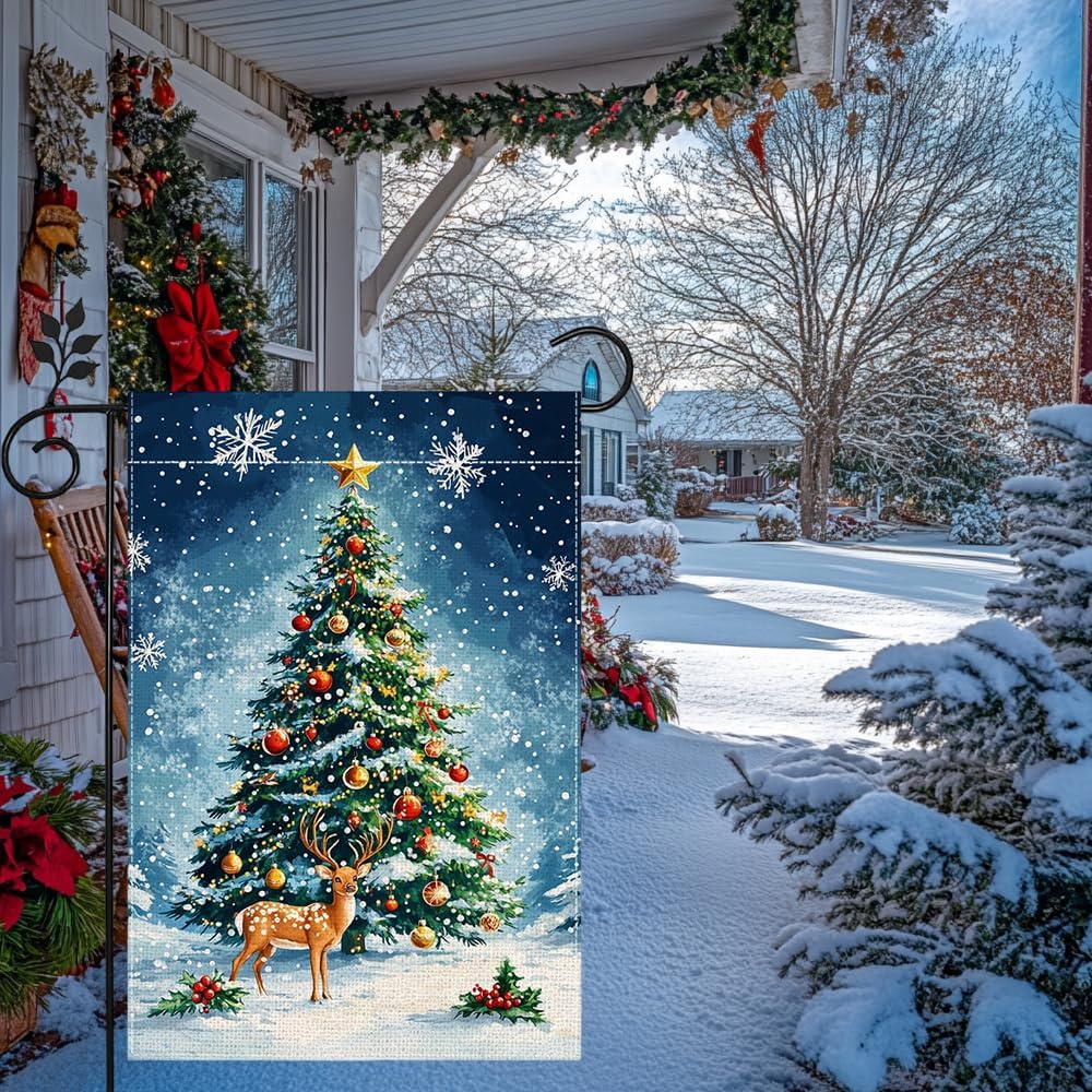 Winter Reindeer Snowflake Garden Flag for Outside Christmas Tree Welcome Yard Flag 12x18 Inch Double Sided Burlap Holiday Farmhouse Home Decoration Outdoor Flag - Image 3