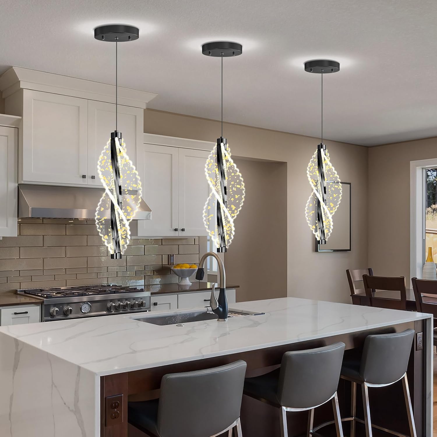 1 Lights Glam Chandelier Modern Black Pendant Light LED Dimmable Acrylic Chandelier for Kitchen Island Dining Room Living Room