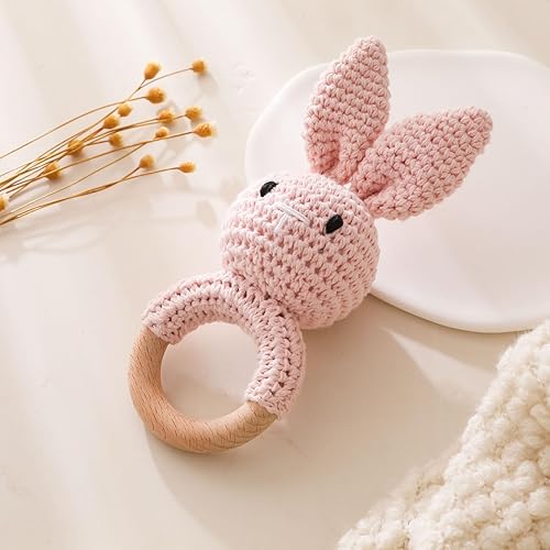 Wooden Baby RattleCrochet Bunny Rattle with Wood Ring, Newborn Wooden Animal Rattle ToyInfant Pink Bunny Wood Rattle ToysBunny-3