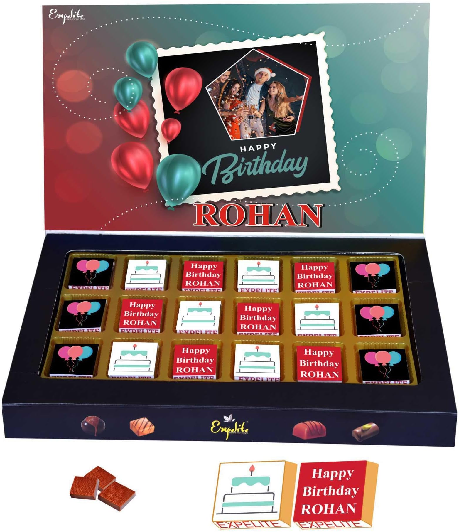 Expelite Birthday Balloons Theme Gift, 18 Pieces Personalised Chocolate Box With Birthday Greeting Card, Dry Fruits Almond, Cranberry, Paan, Butterscotch Flavour Chocolate Gift Pack,20 Gram