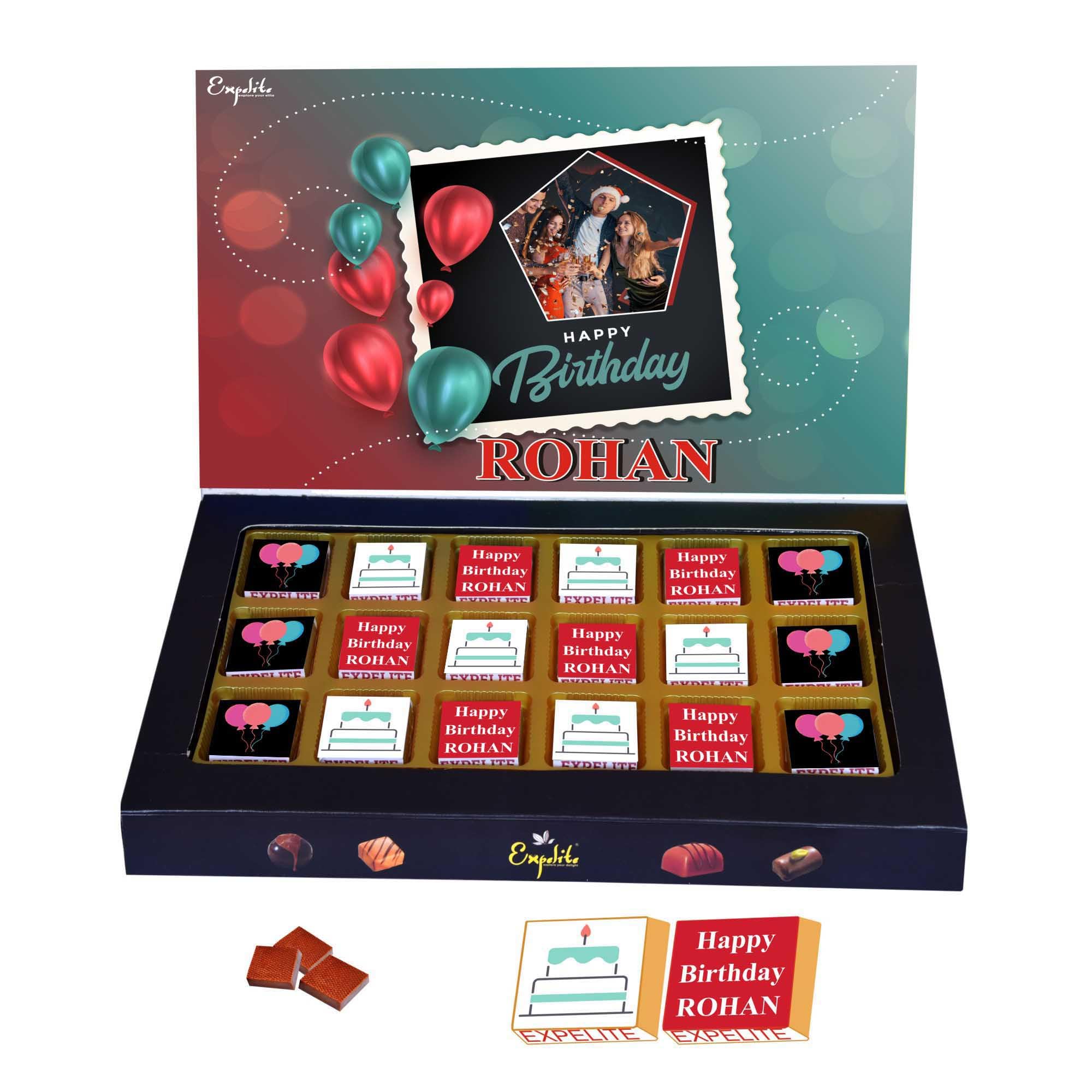 Expelite Birthday Balloons Theme Gift, 18 Pieces Personalised Chocolate Box With Birthday Greeting Card, Dry Fruits Almond, Cranberry, Paan, Butterscotch Flavour Chocolate Gift Pack,20 Gram